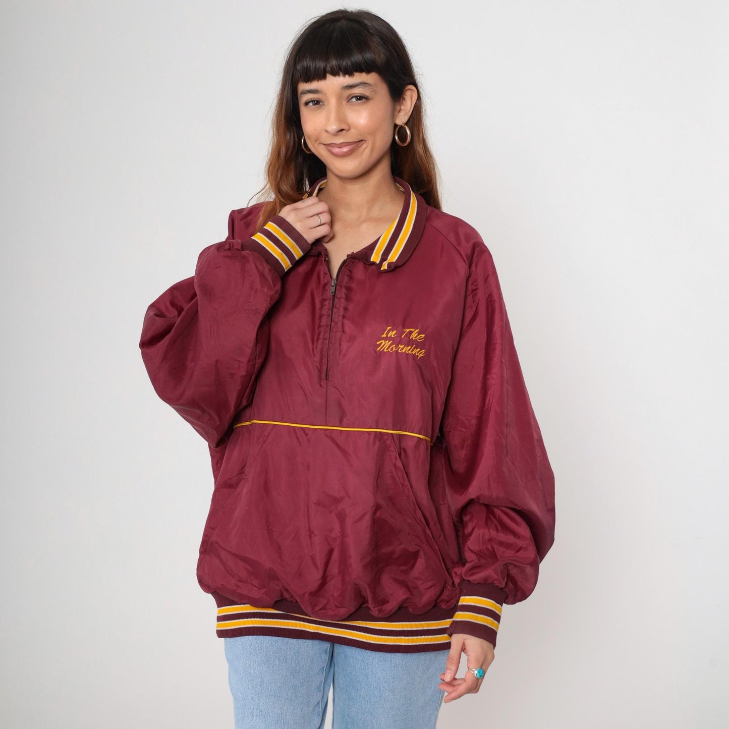 90s HITZ Radio Station Windbreaker Burgundy Yellow Stripe Quarter Zip XXL