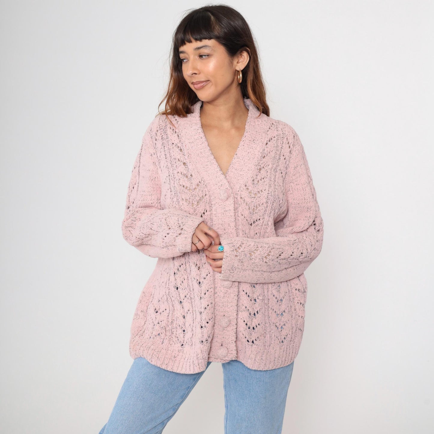 90s Pink Pointelle Cardigan Button-Up V-Neck Knit Plus Size 1X