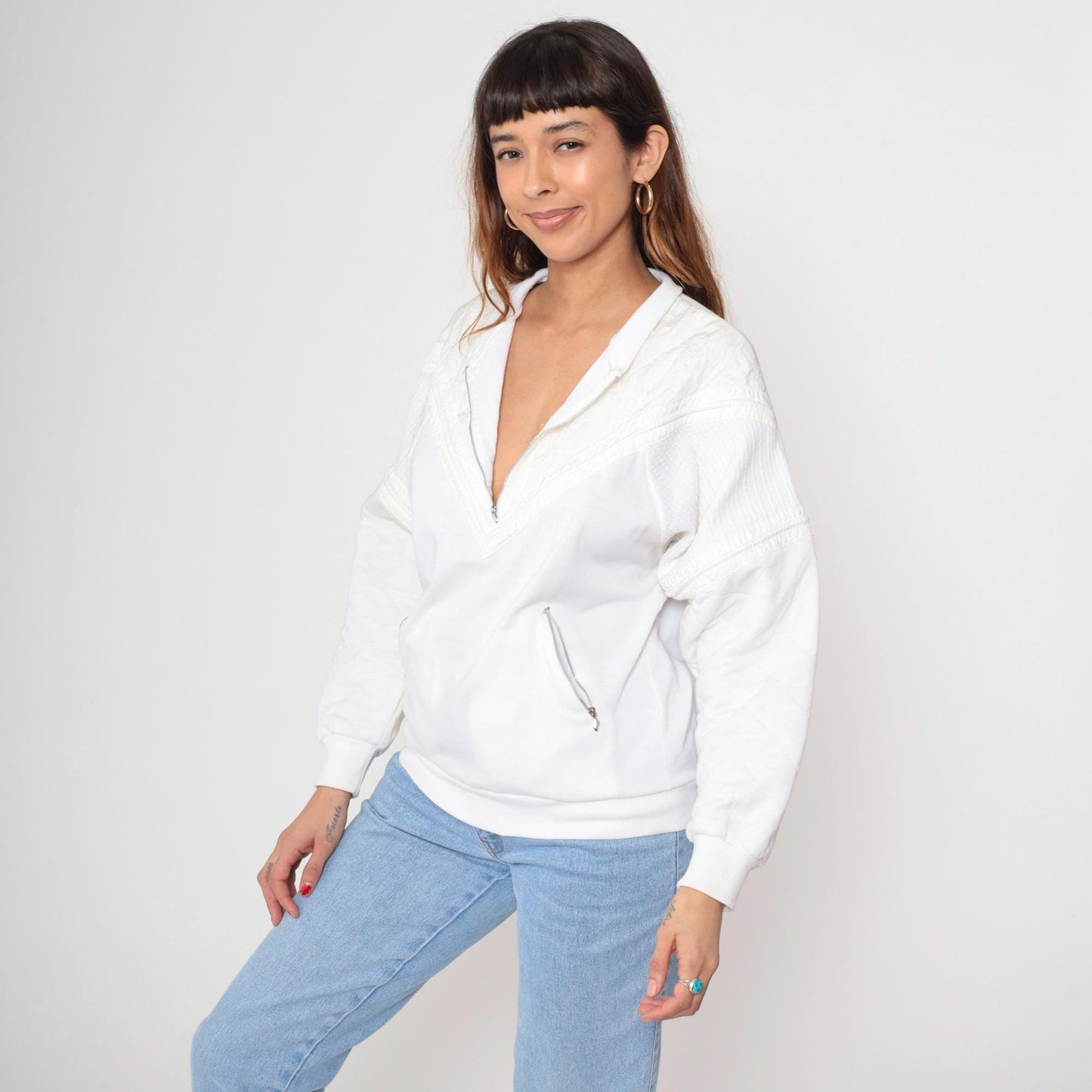 80s Marcy n Me White Quilted Zip Jacket Diamond Pattern Medium