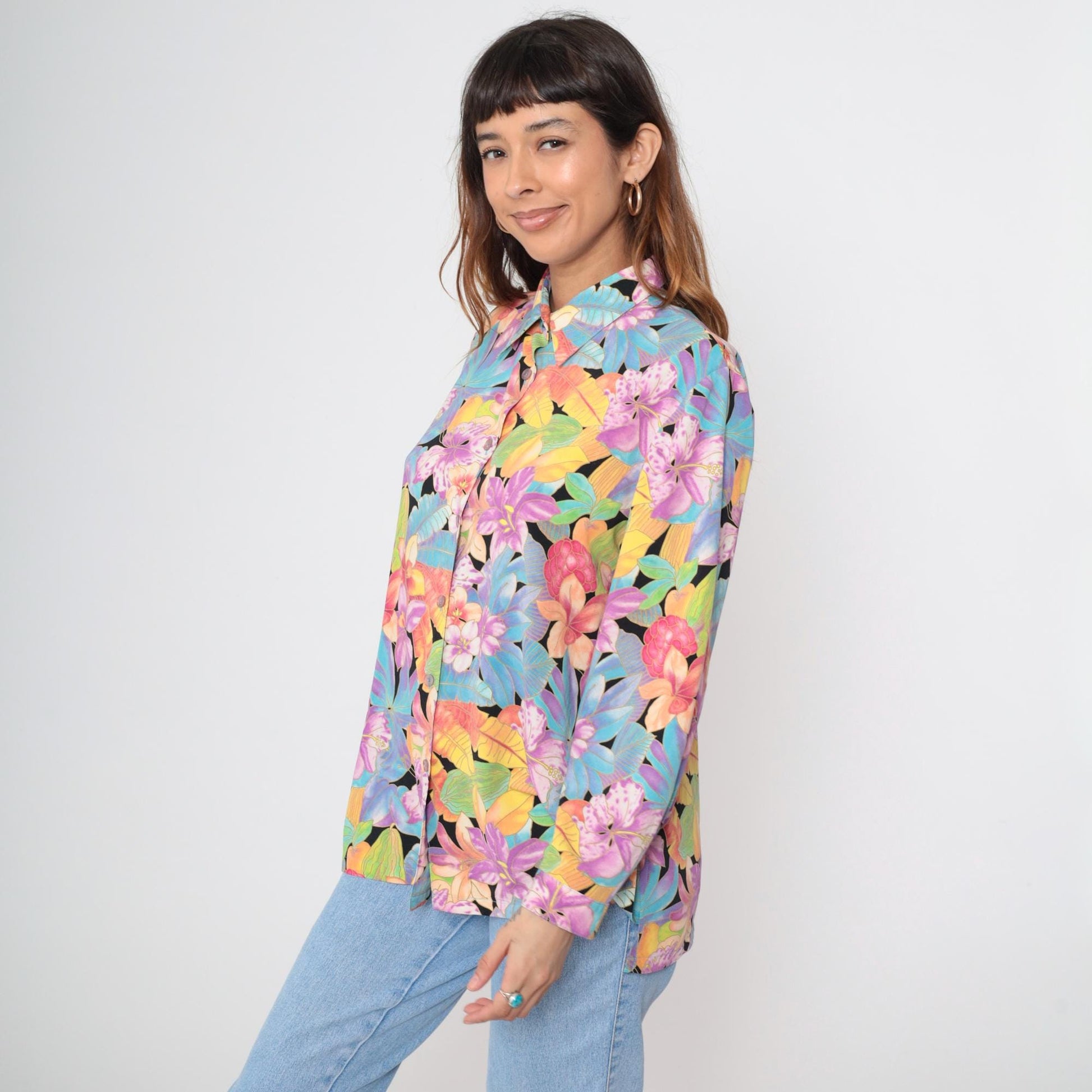 90s Tropical Floral Button Up Blouse Purple Hibiscus Black Rayon Long Sleeve Large