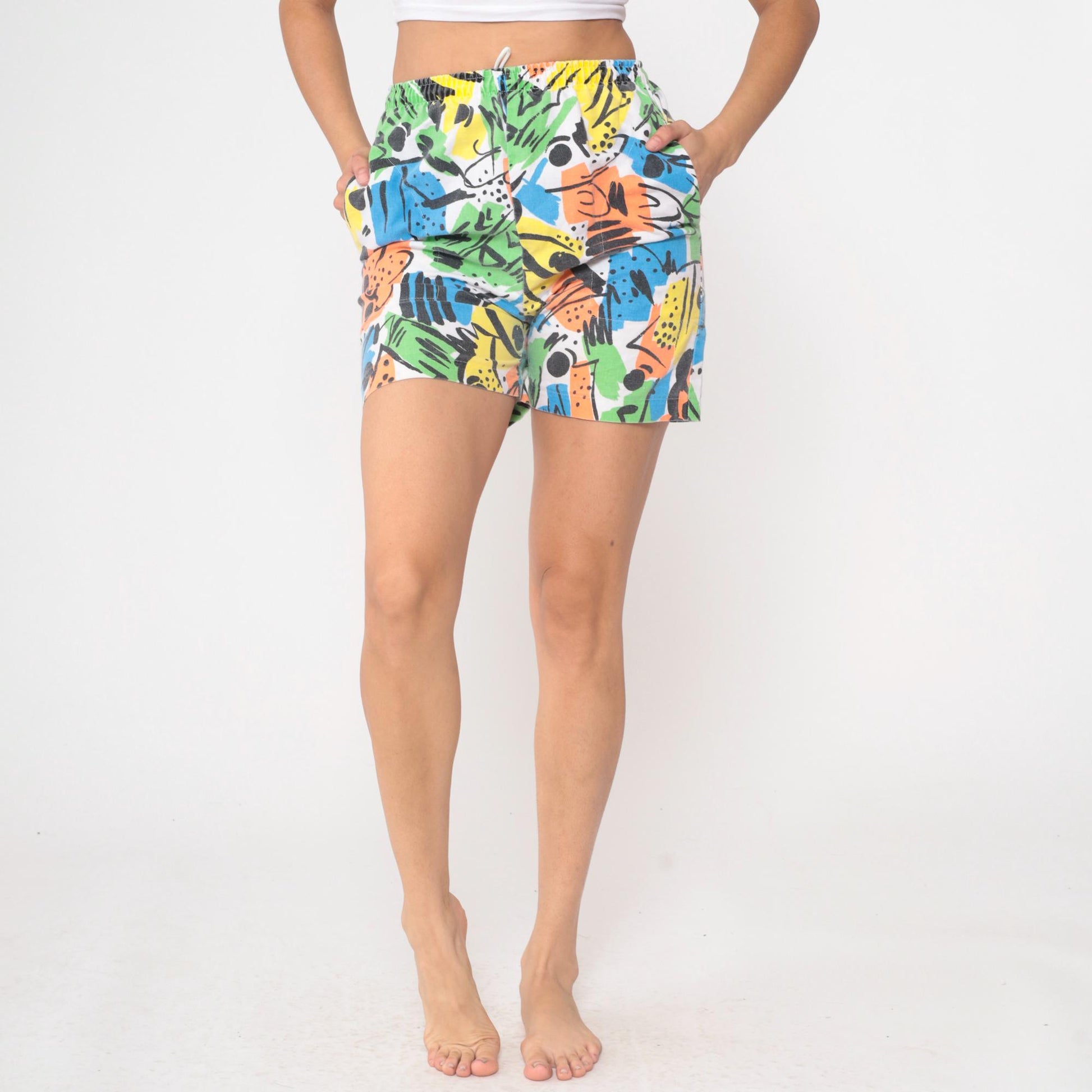 90s Abstract Print High Waisted Wide Leg Shorts Colorful Small S