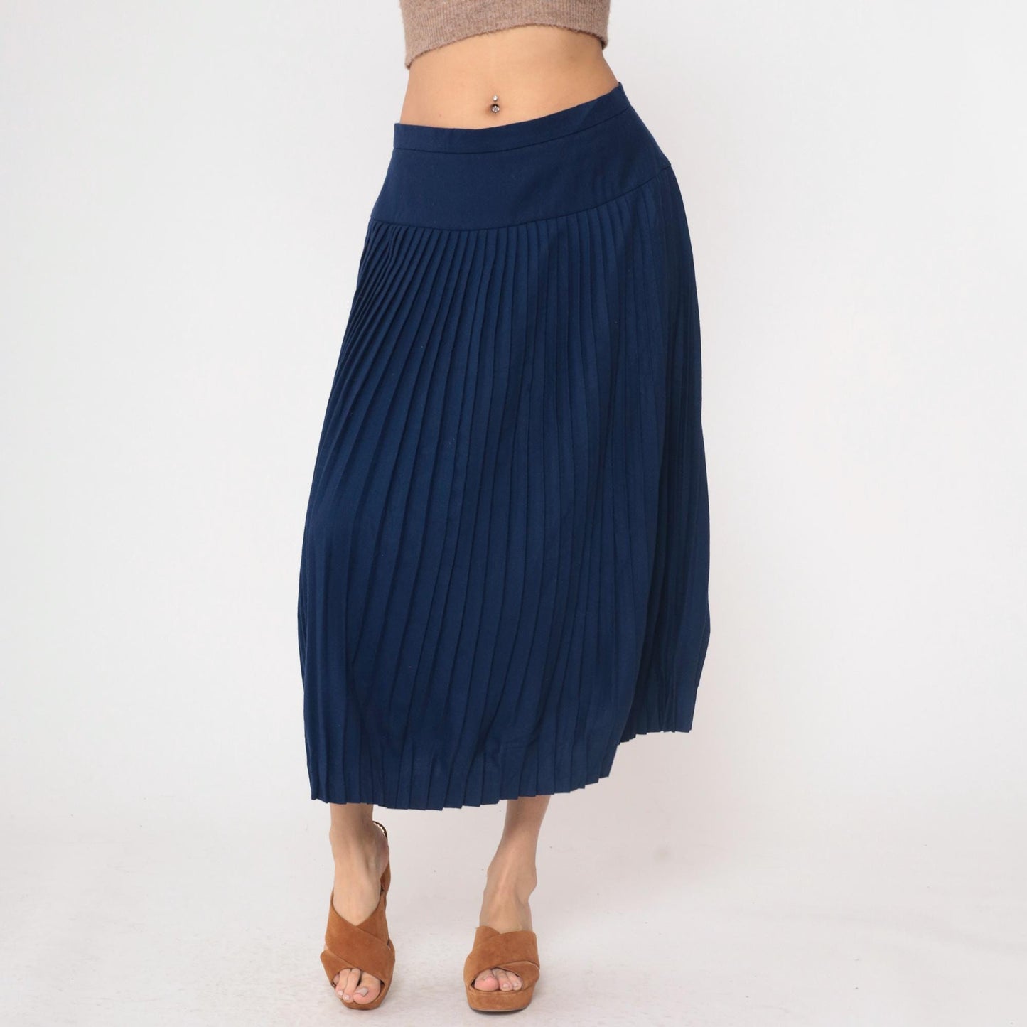 80s Saks Fifth Avenue Navy Wool Pleated Midi Skirt High Waisted Medium