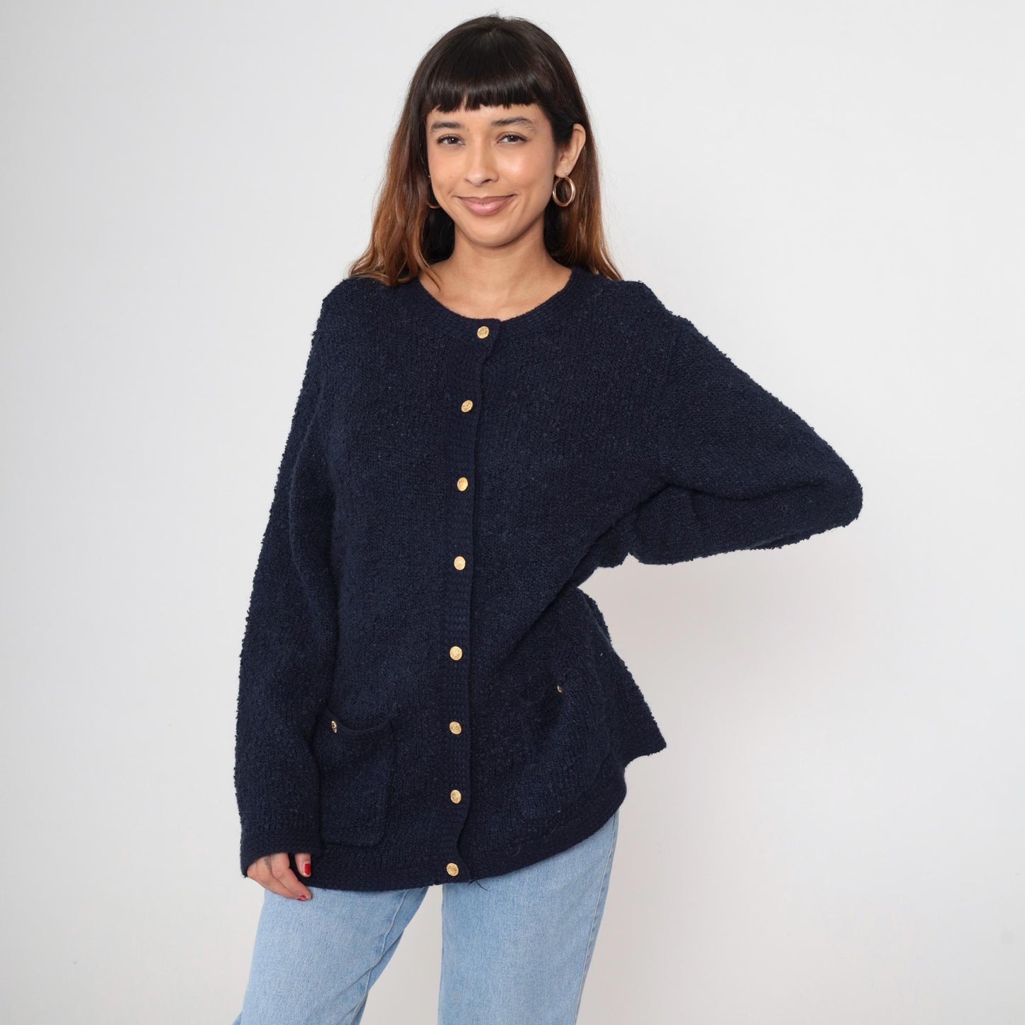 80s Blair Boutique Navy Cardigan Chunky Knit Gold Buttons Large L