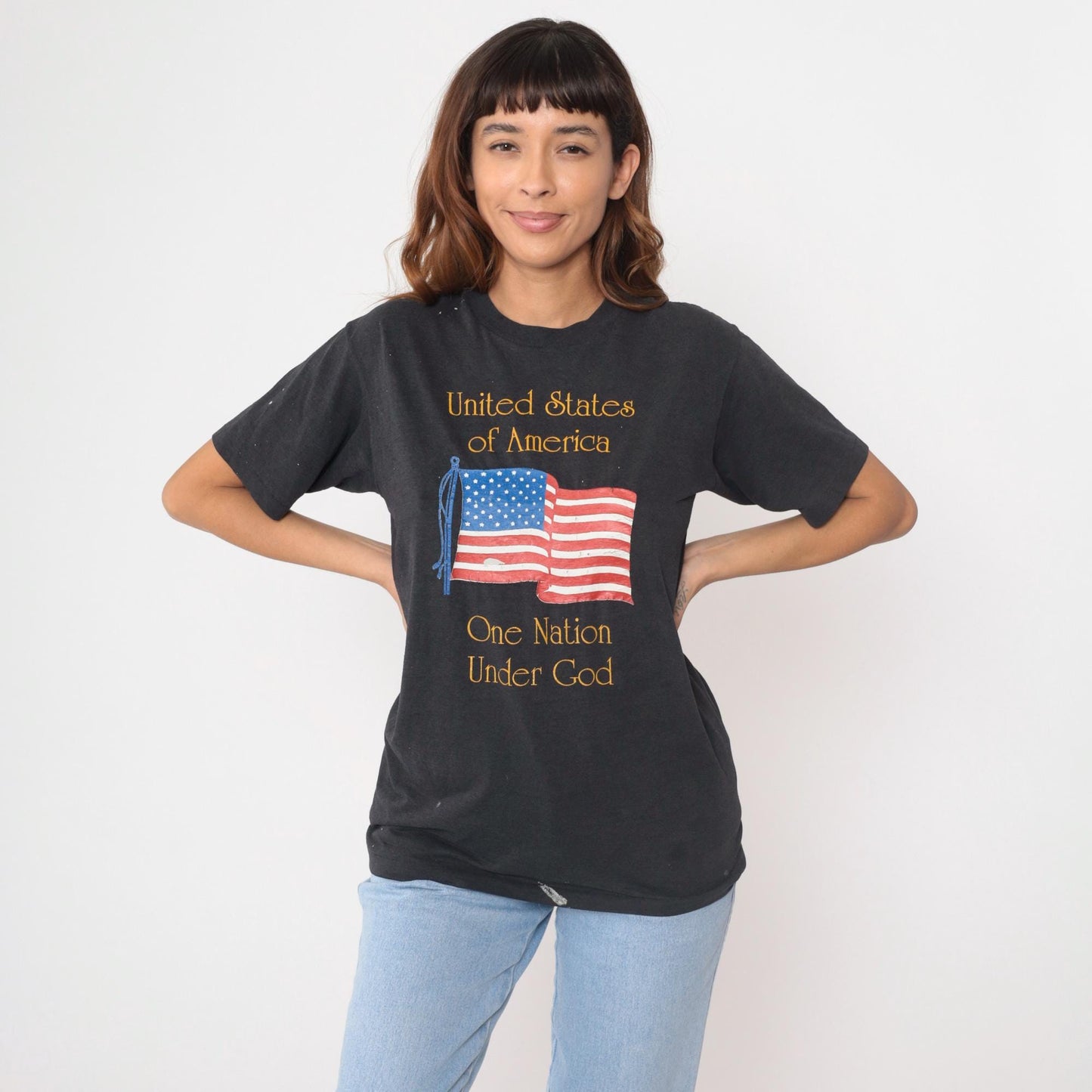 90s Hanes American Flag Graphic Tee Black Cotton Single Stitch Medium