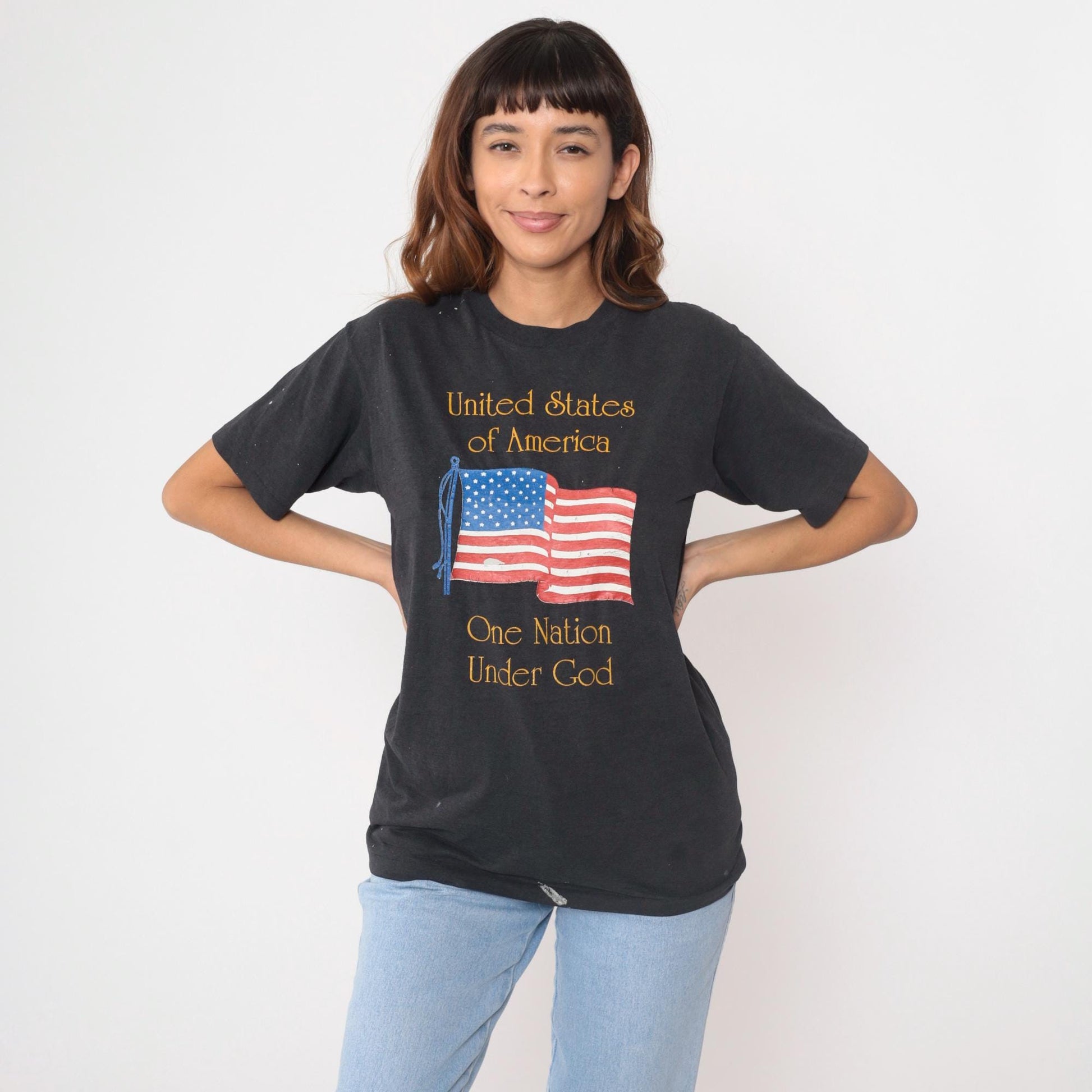 90s Hanes American Flag Graphic Tee Black Cotton Single Stitch Medium