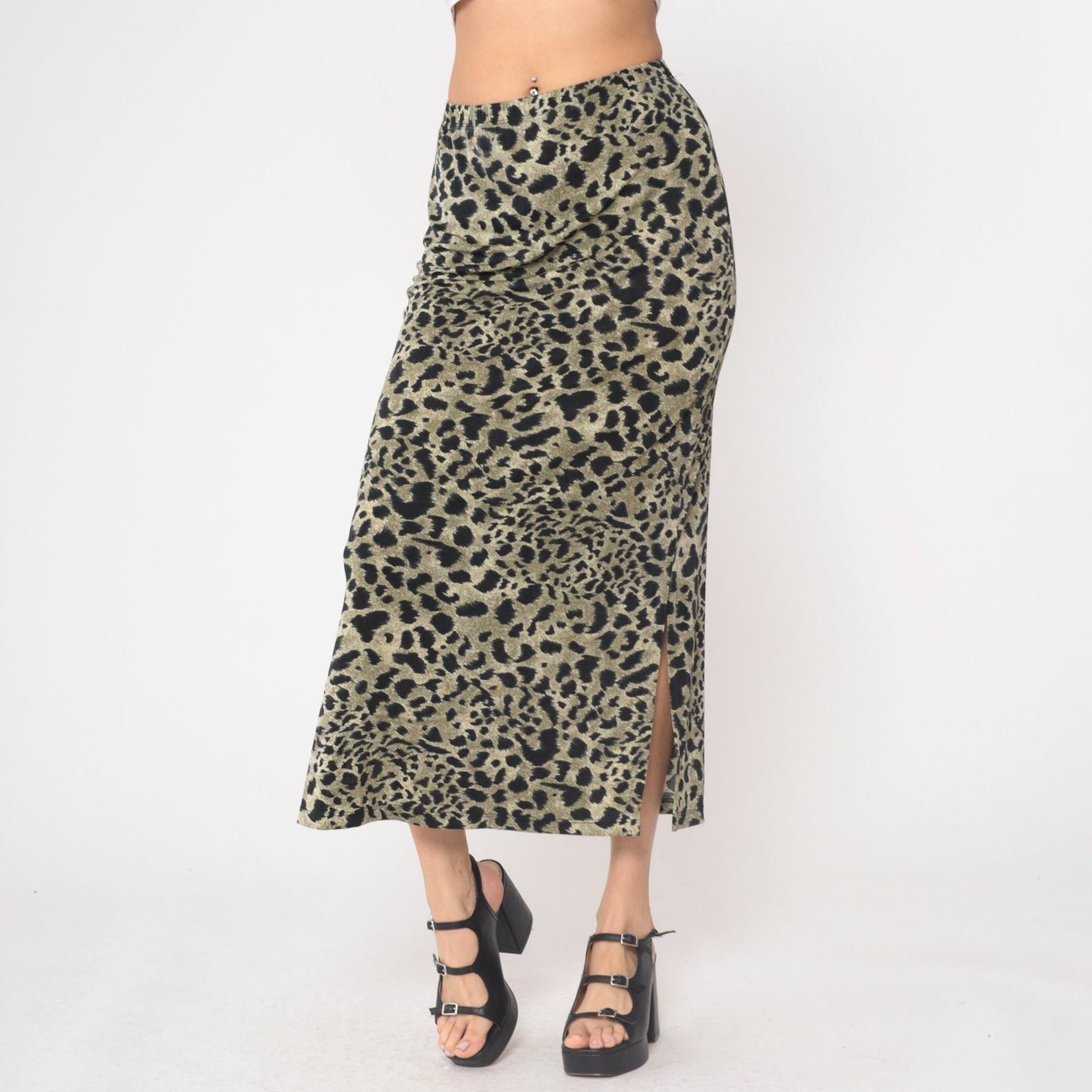 90s Impressions Leopard Print Maxi Skirt High Waist Black Olive Small S