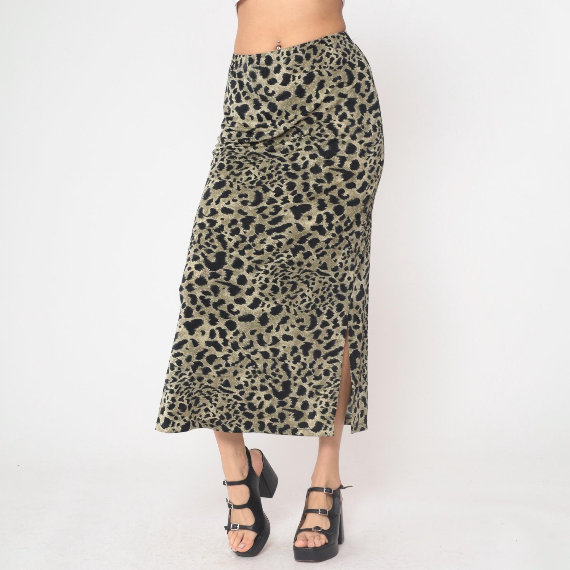 90s Impressions Leopard Print Maxi Skirt High Waist Black Olive Small S