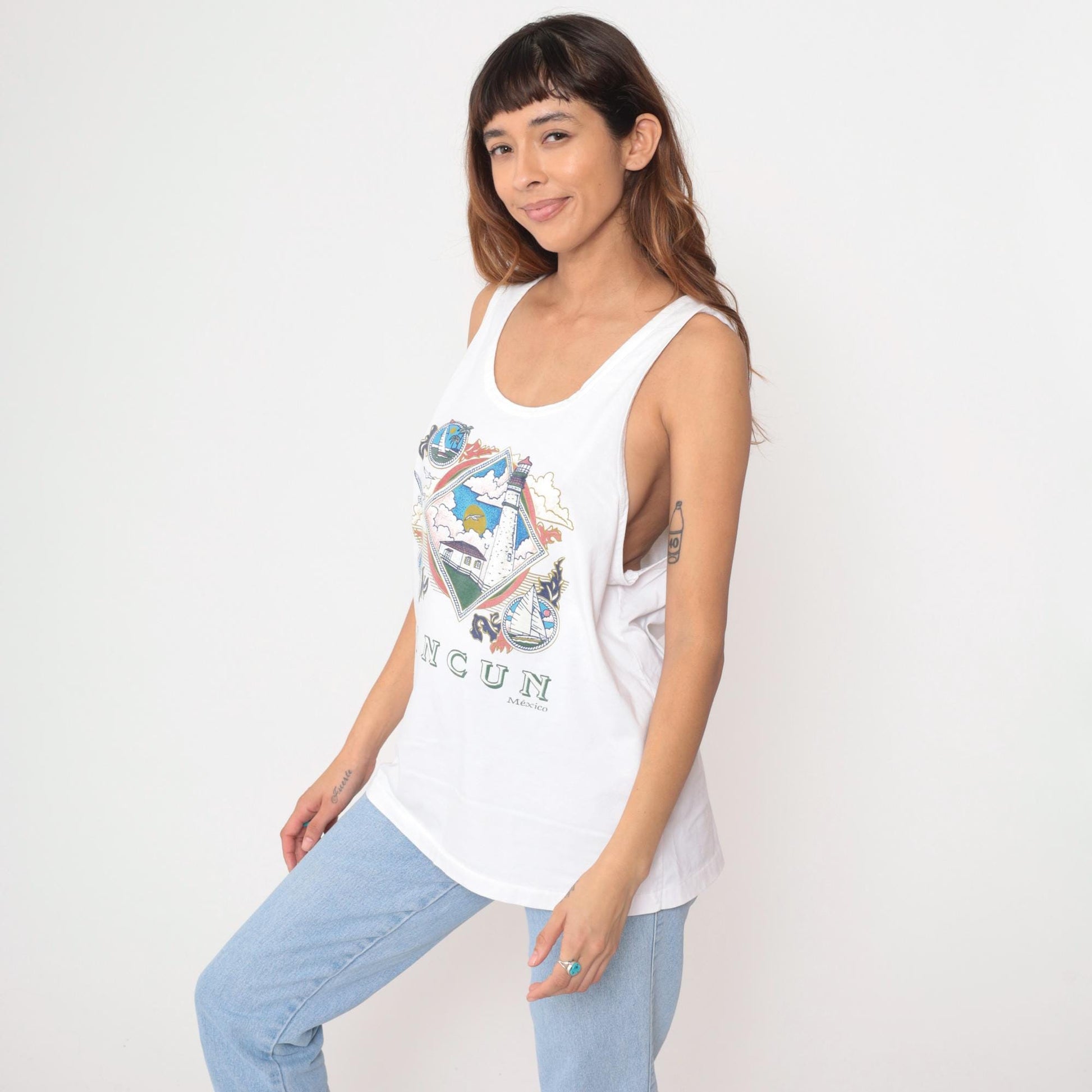 90s Cancun Mexico Tank Top White Lighthouse Sailboat Graphic Large L