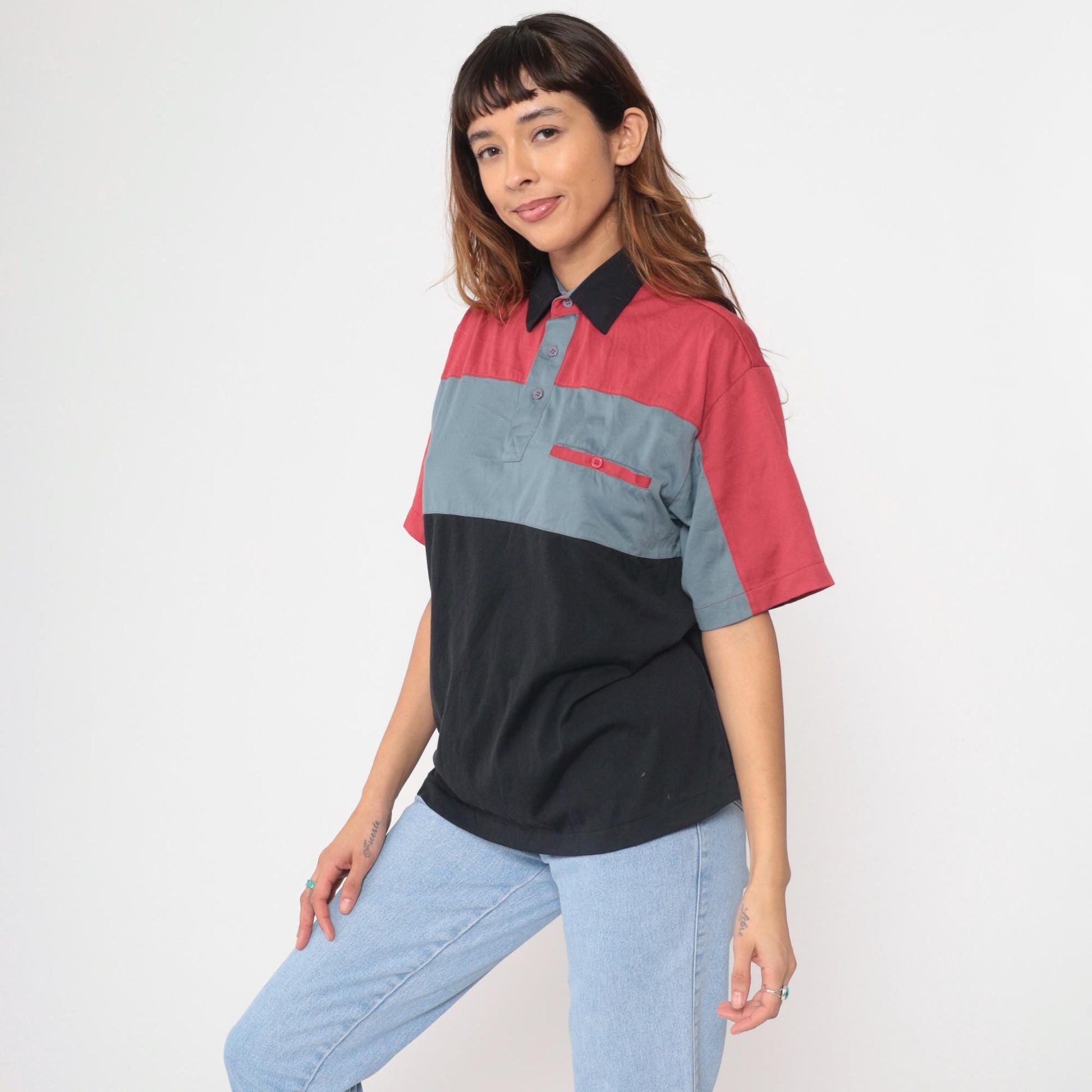 90s Color Block Polo Shirt Red Grey Black Horizontal Stripes Medium M