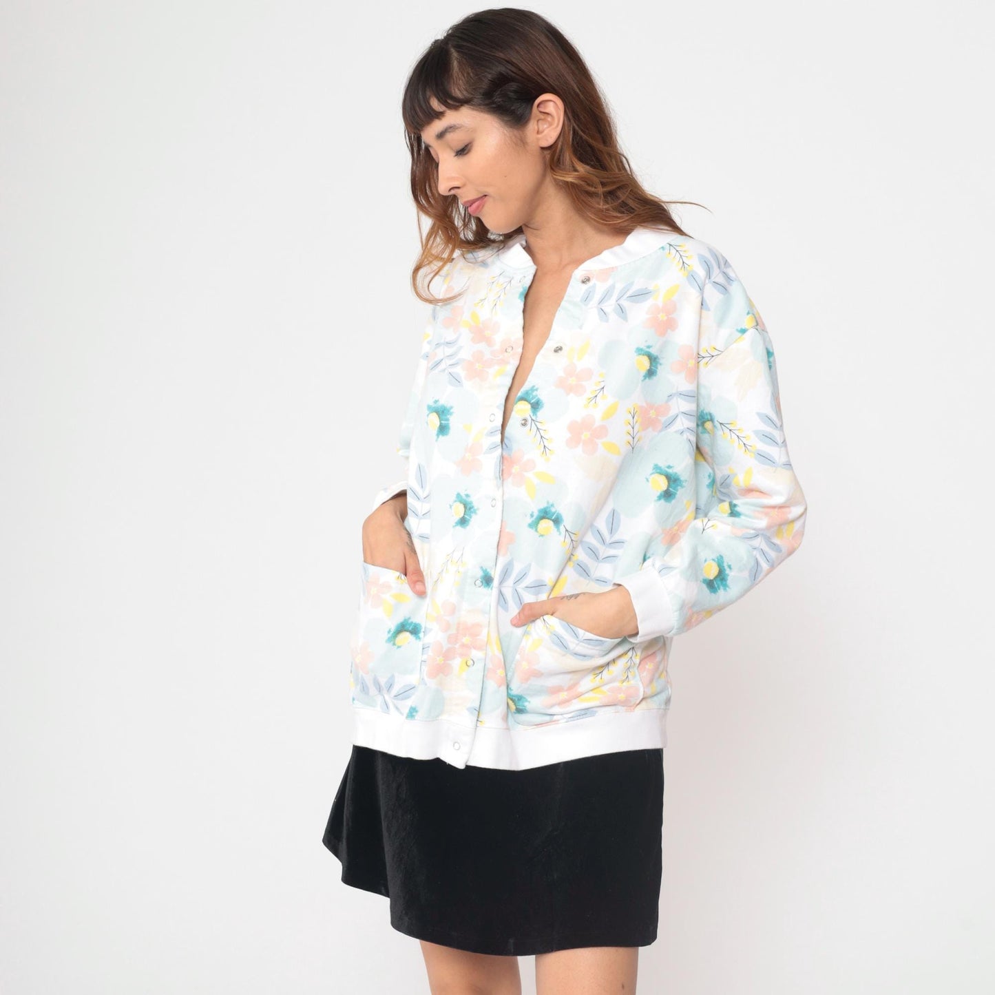 90s Floral Cardigan White Pink Blue Yellow Botanical Button Up XL