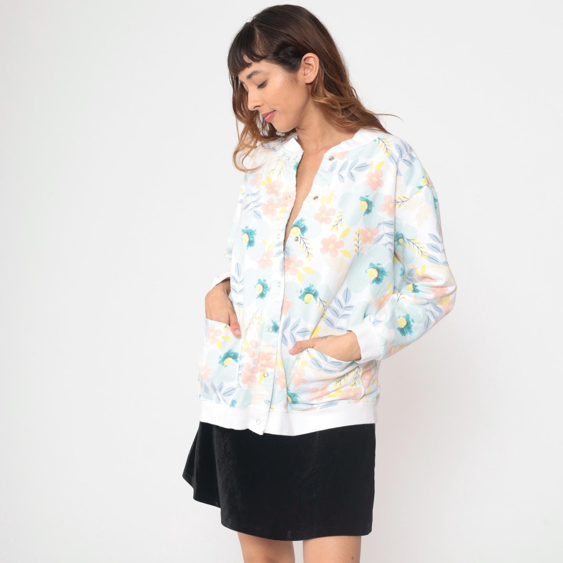 90s Floral Cardigan White Pink Blue Yellow Botanical Button Up XL