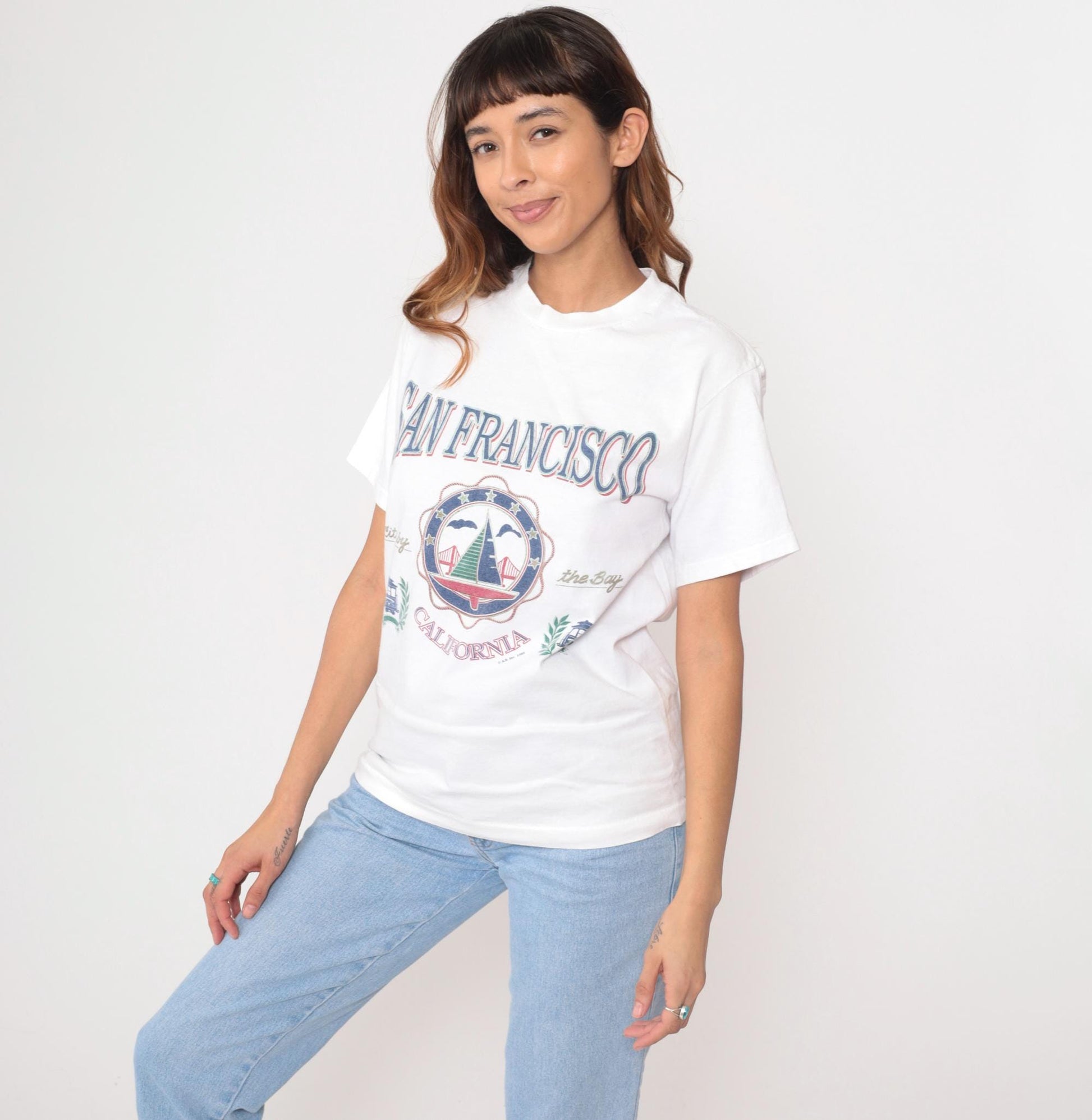 90s San Francisco Cable Car White Graphic T-Shirt Cotton Medium M