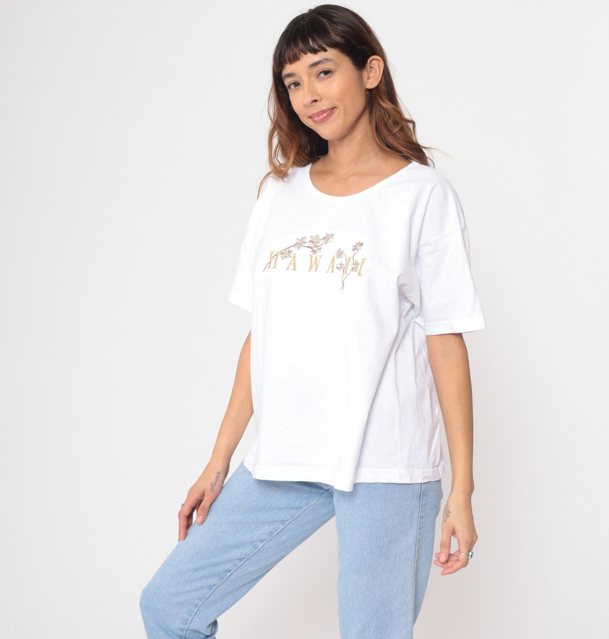 90s Hawaii White Cotton T-Shirt Embroidered Floral Graphic Extra Large XL