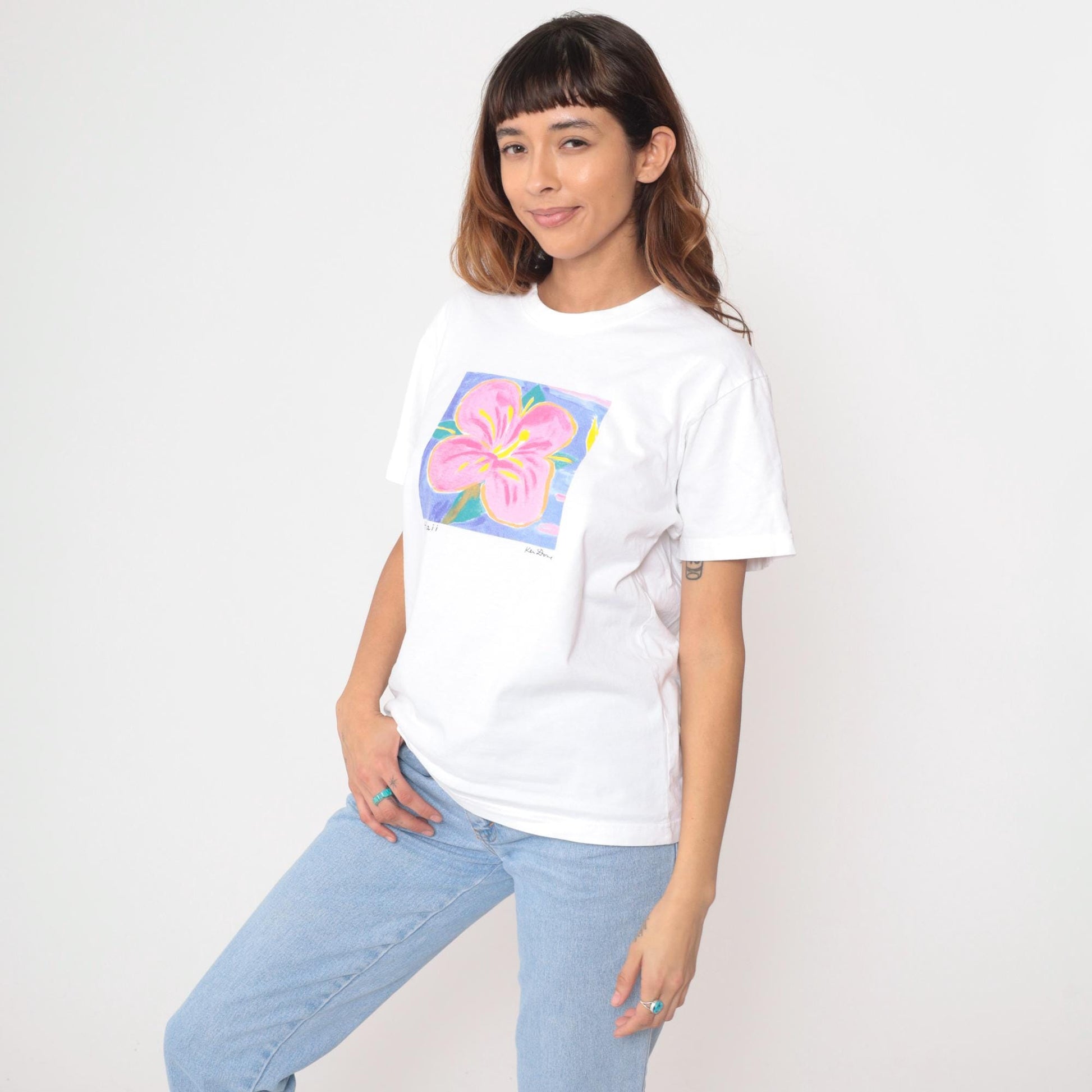 90s Hawaii Hibiscus Flower Graphic T-Shirt White Single Stitch Medium