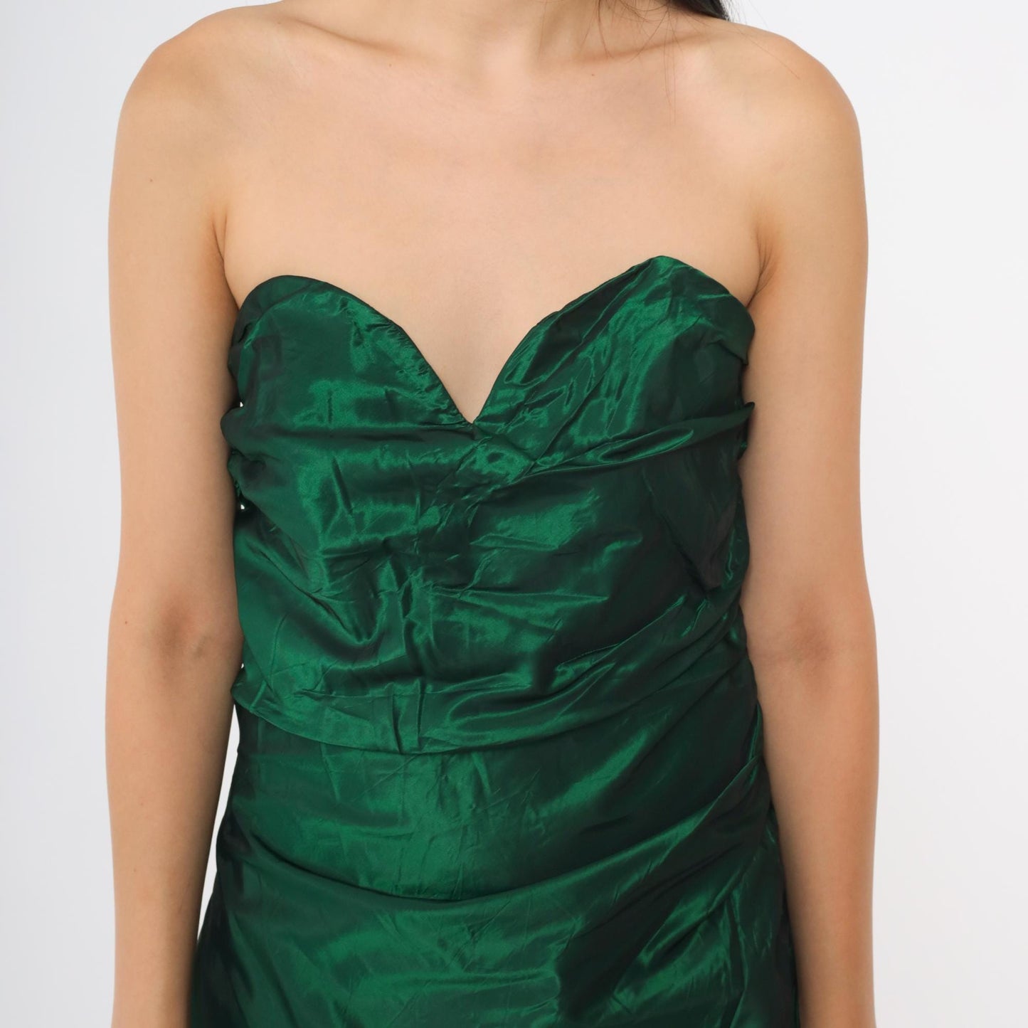 80s Alfred Angelo Green Strapless Formal Gown Sweetheart Ruched Bodice Medium M