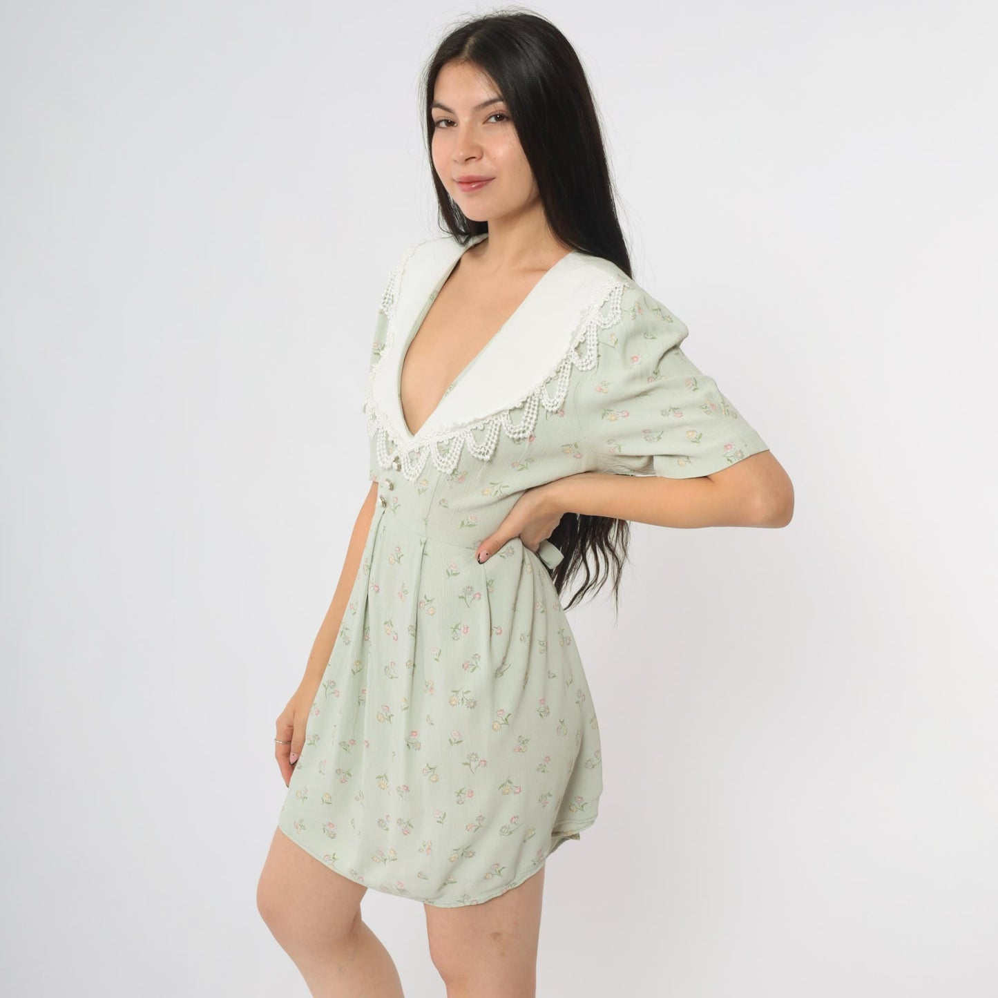 90s S.L. Fashions Sage Green Babydoll Dress Floral Lace Collar Puff Sleeves Large L