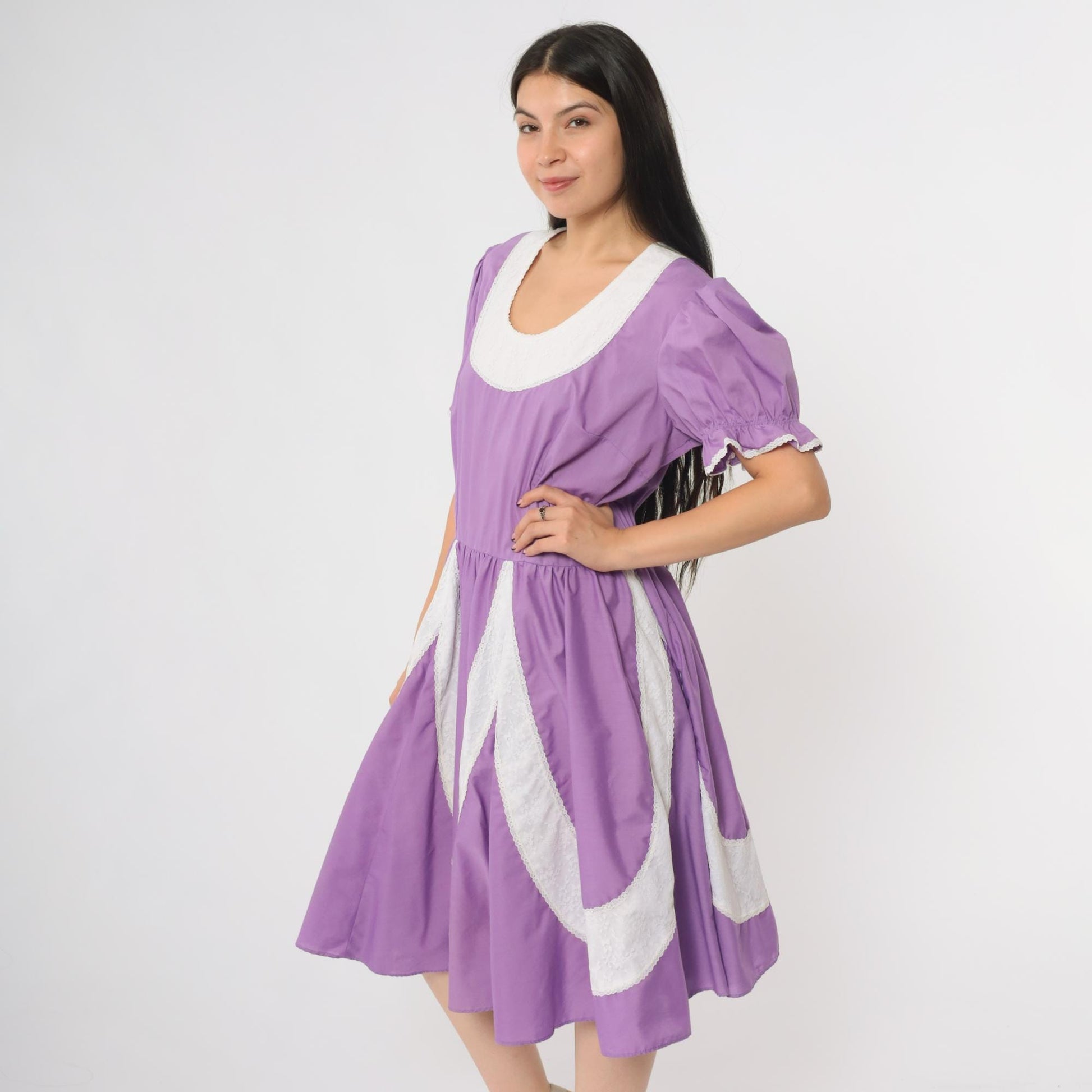 70s Purple Prairie Dress Partners Please Puff Sleeve Square Dance Large