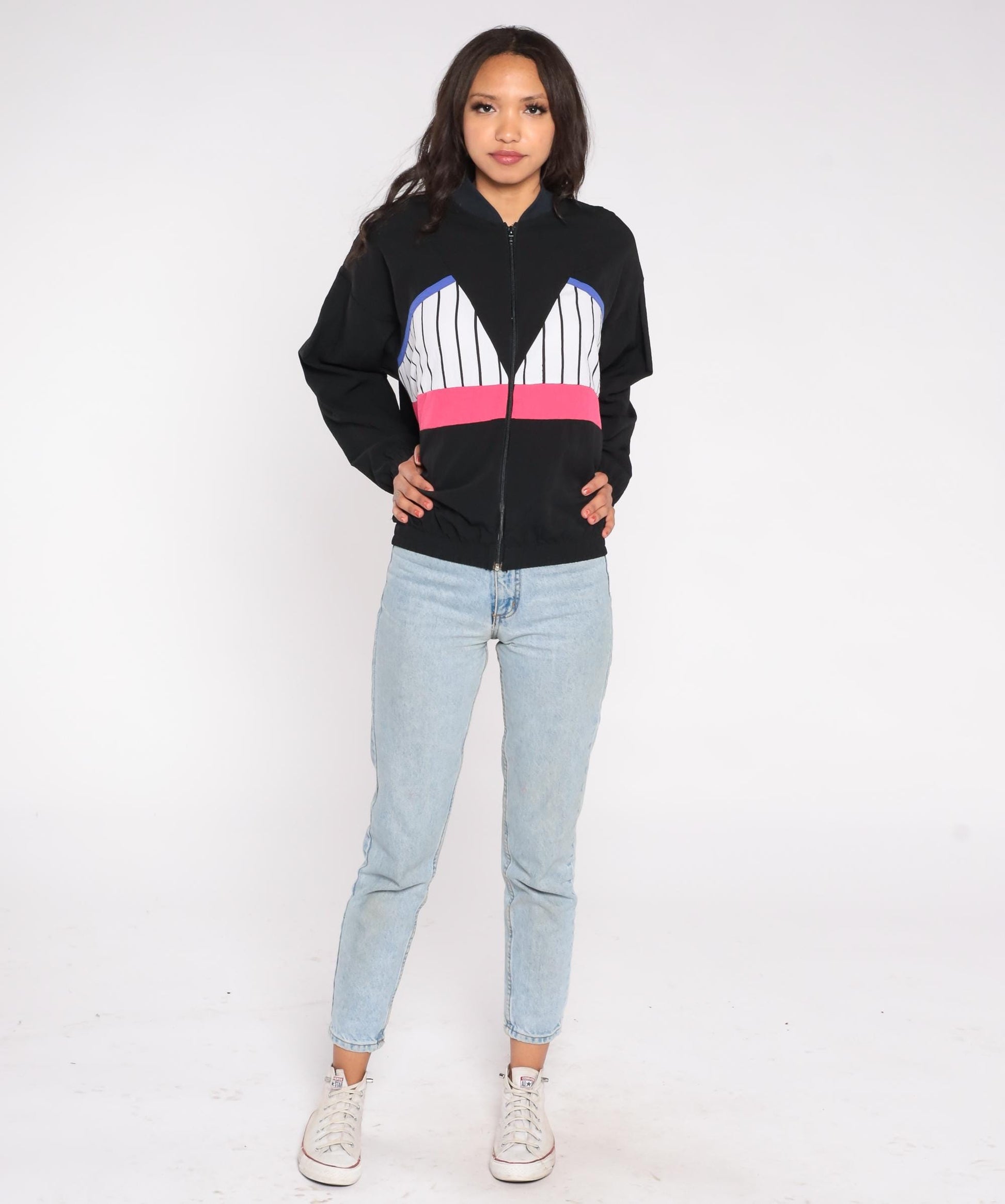90s USA Sport Club Track Jacket Black Colorblock Striped Windbreaker Medium