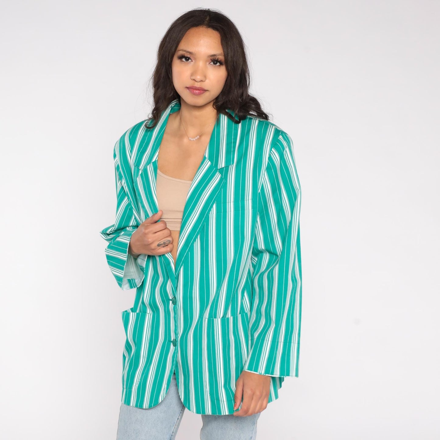 90s Leslie Fay Green Striped Cotton Blazer Plus Size XXL