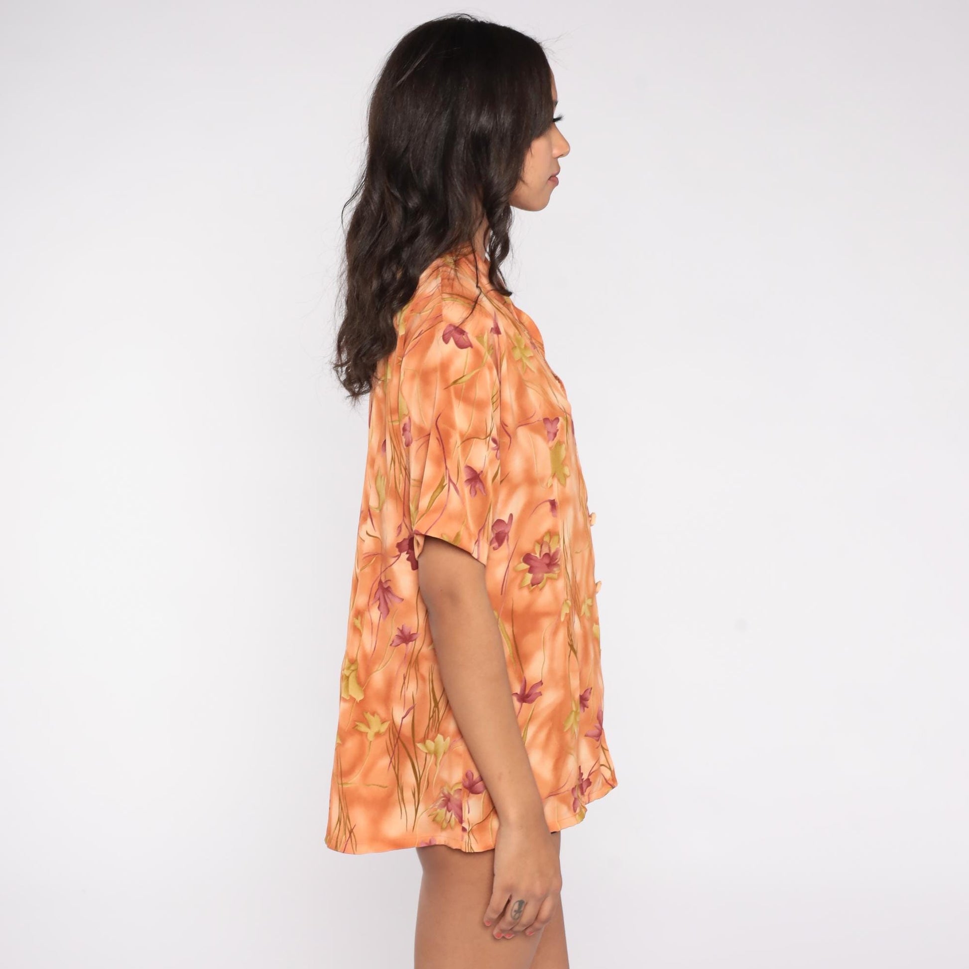 90s Orange Floral Print Blouse Rossela Button Up Short Sleeve Large L