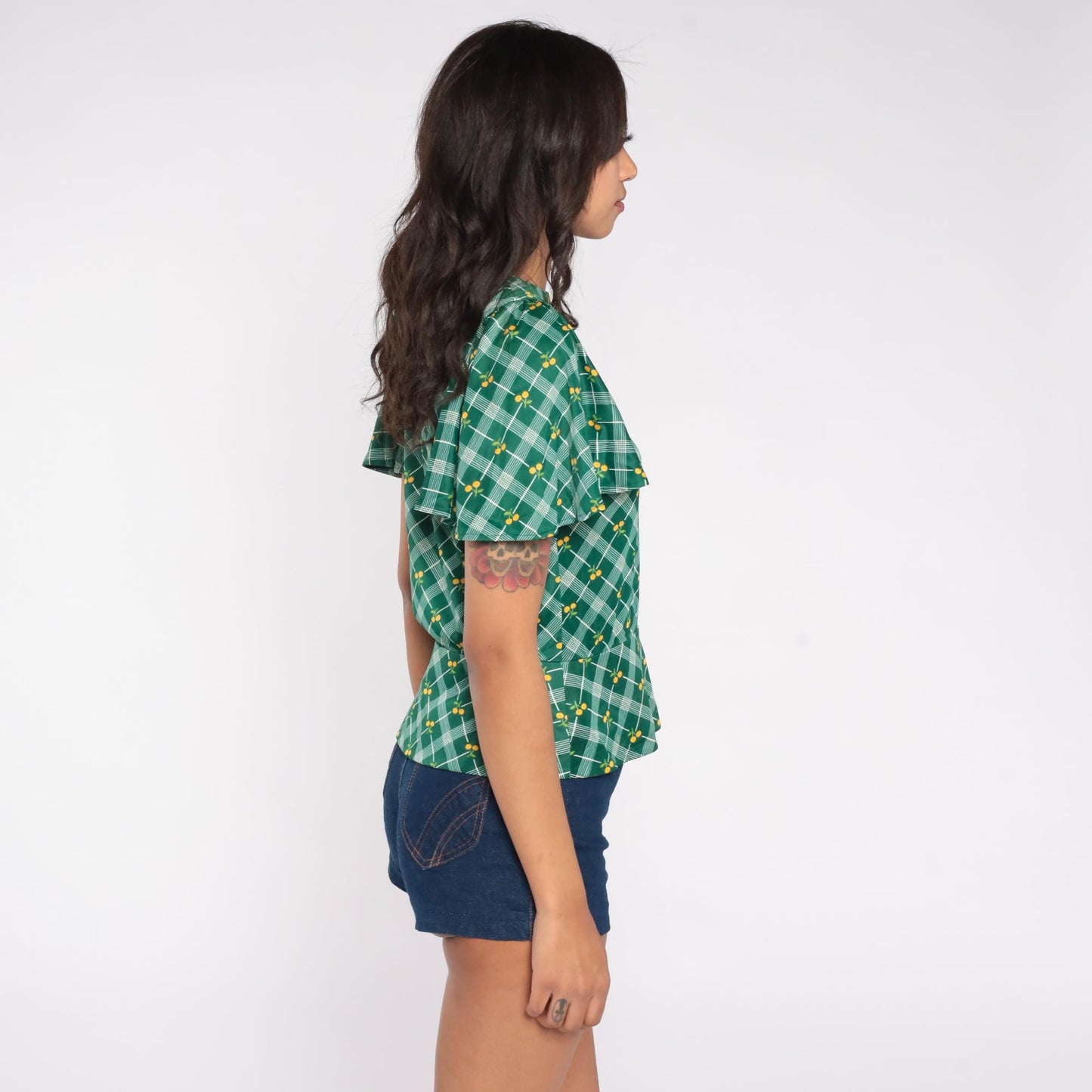 70s Green Argyle Cherry Print Blouse Flutter Sleeve Small S
