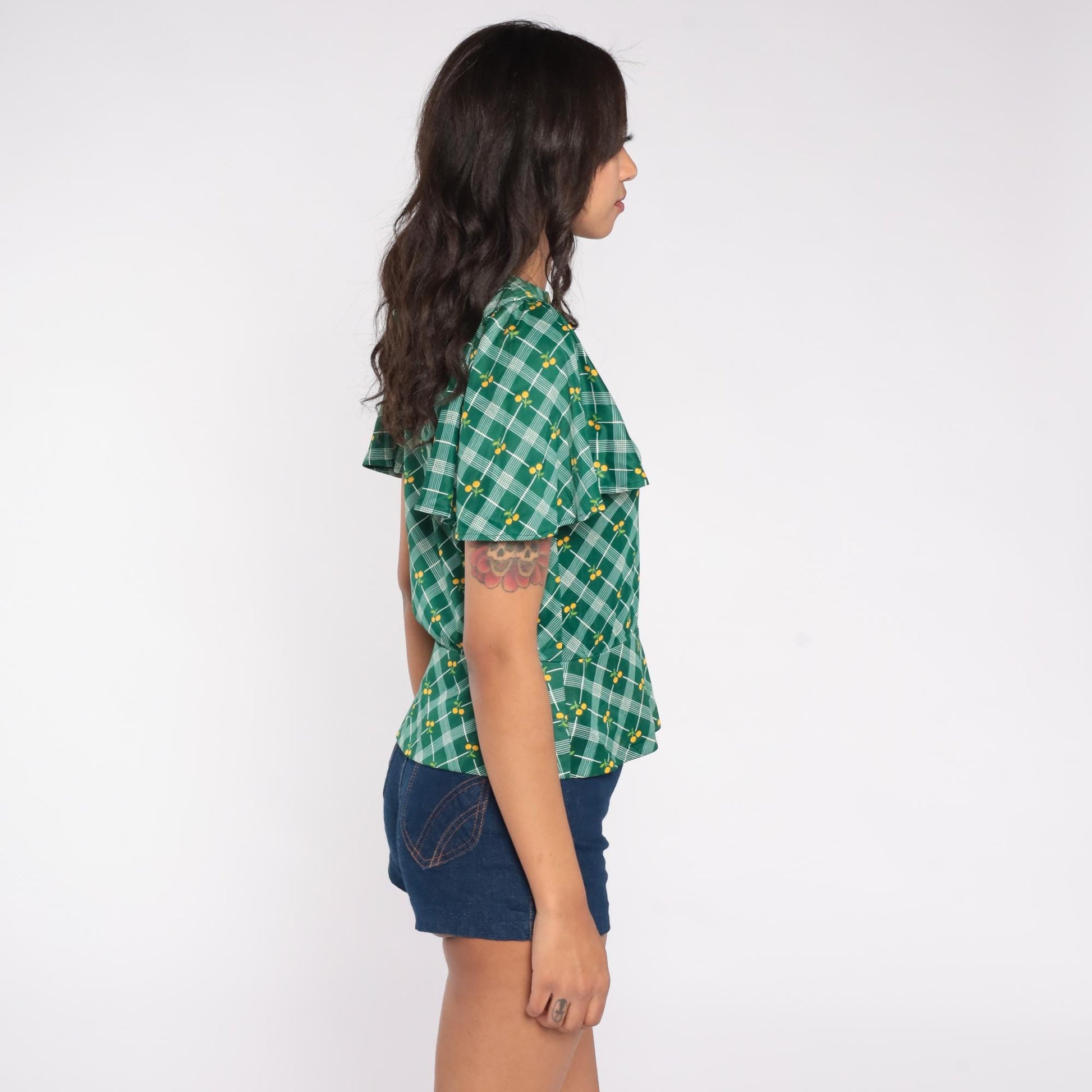 70s Green Argyle Cherry Print Blouse Flutter Sleeve Small S
