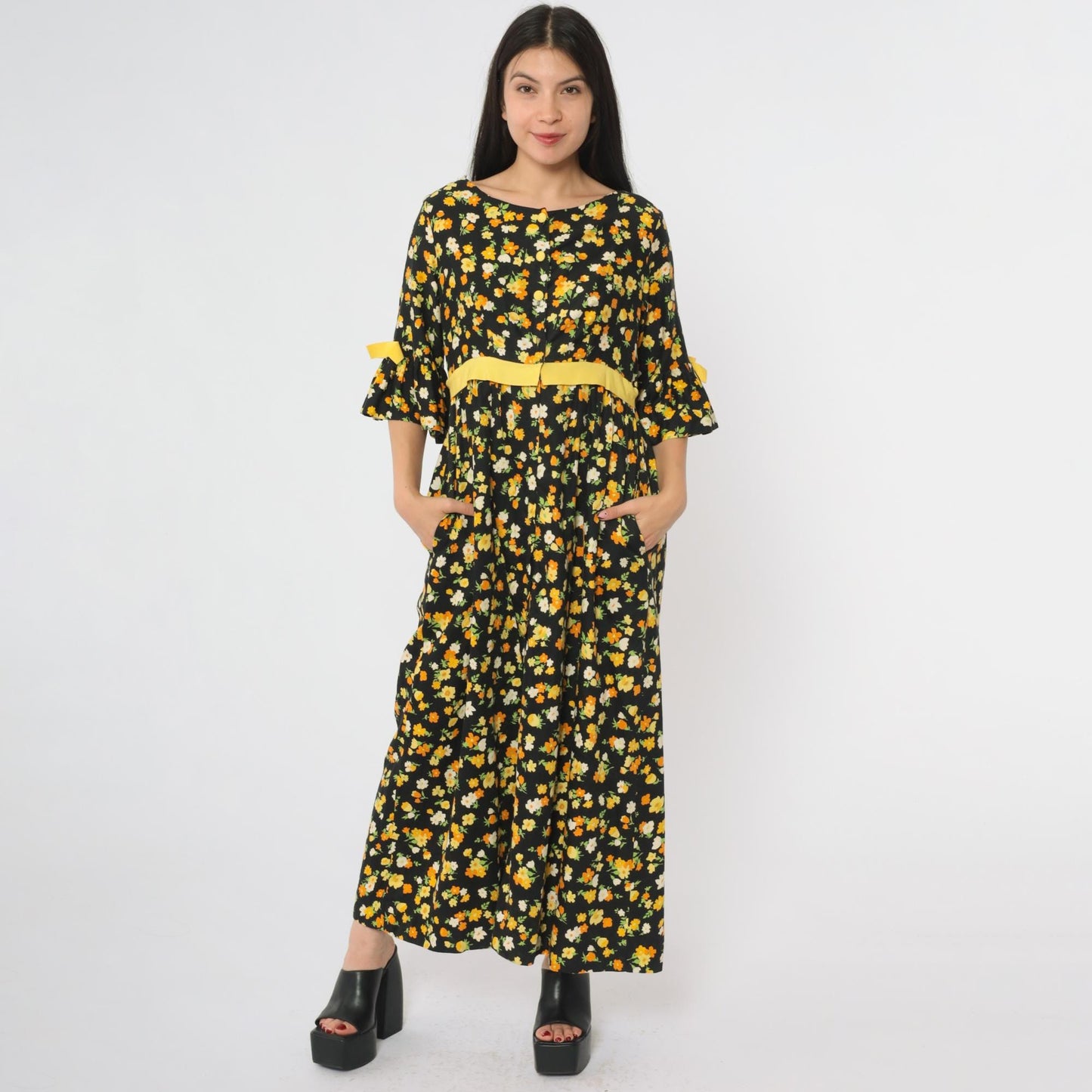 70s Lazy U Black Floral Maxi Dress Bell Sleeve Yellow Bow Large