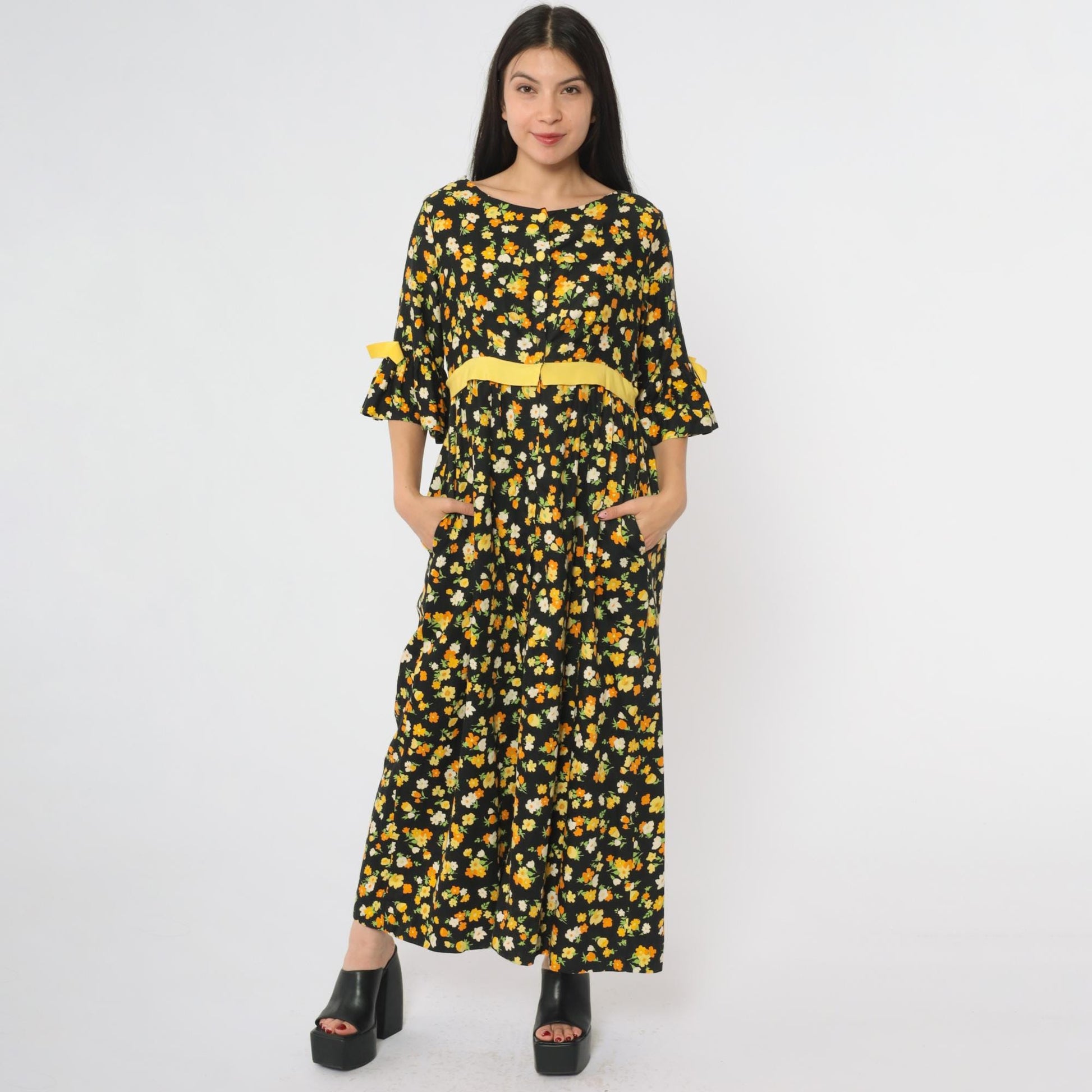 70s Lazy U Black Floral Maxi Dress Bell Sleeve Yellow Bow Large