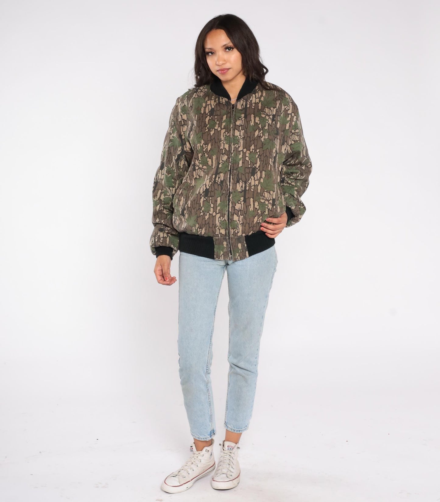90s Camo Bomber Jacket Bark Tree Leaf Print Quilted Lined Medium
