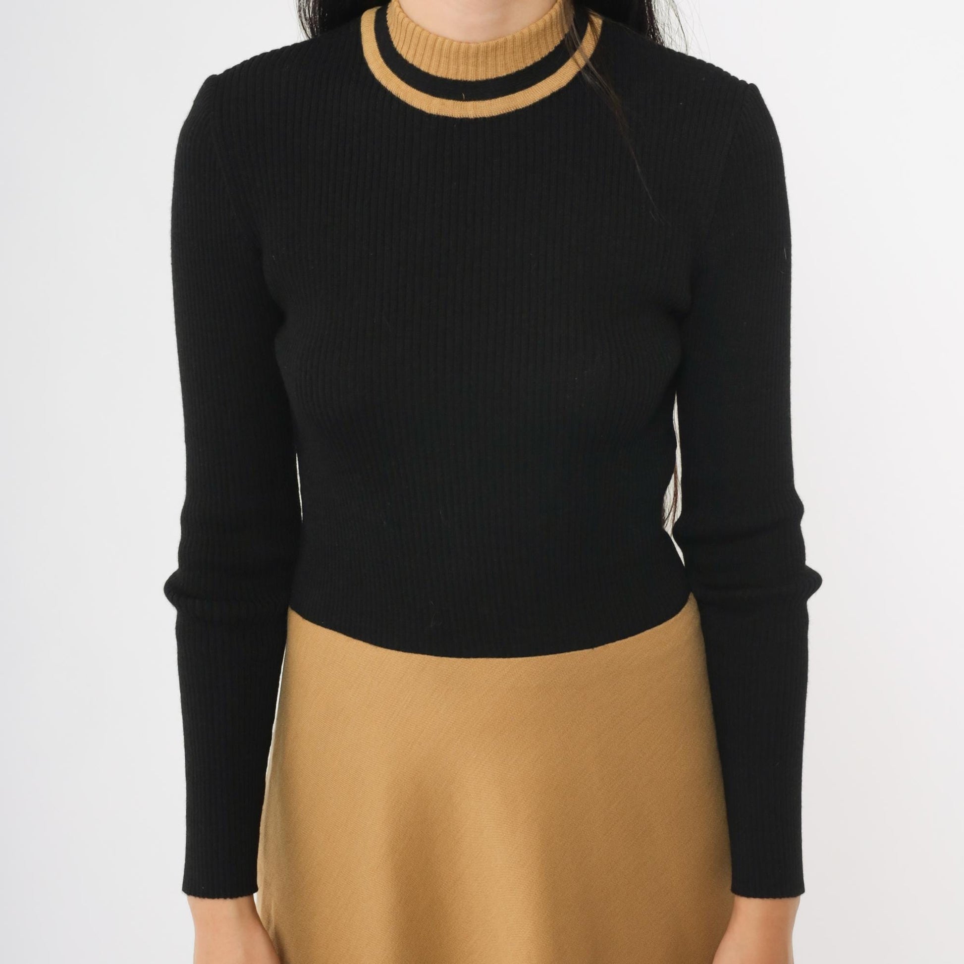 70s Camp Crations Wool Color Block Turtleneck Midi Dress Brown Black Small