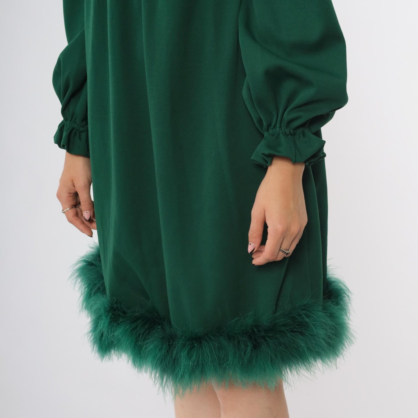 70s Green Marabou Feather Mini Dress High Neck Empire Waist Puff Sleeve Extra Small