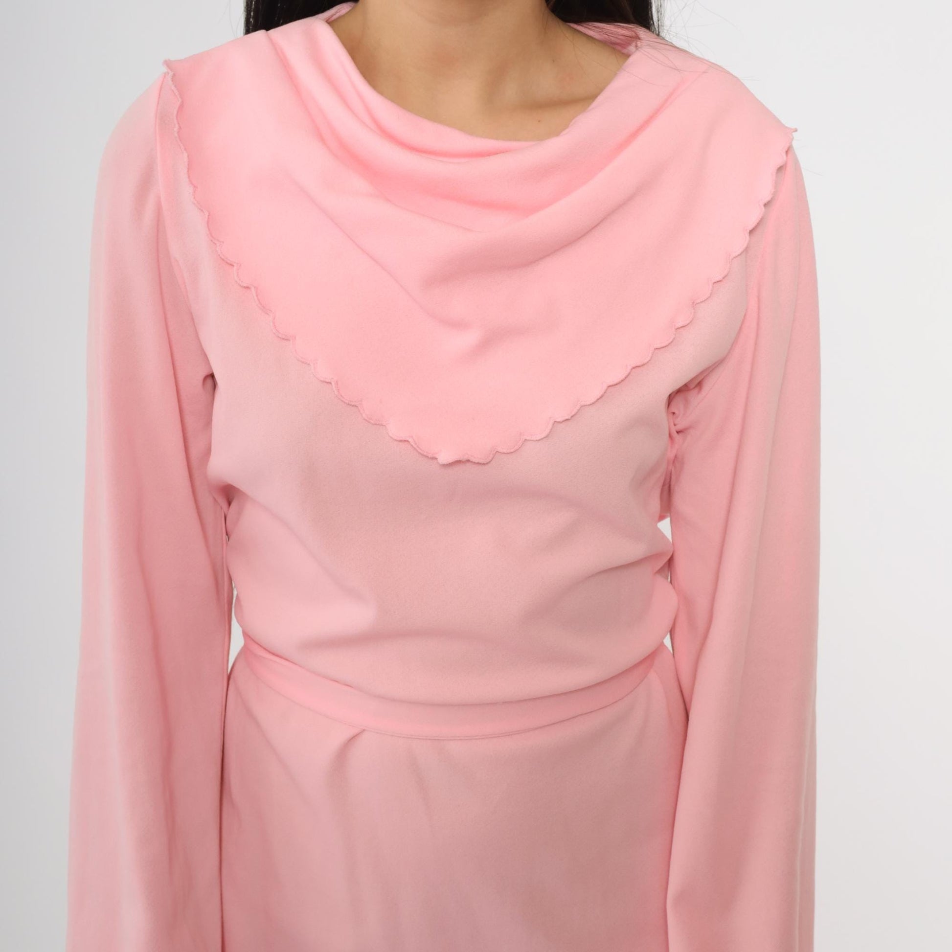 70s Kay Windsor Pink Cowl Neck Midi Dress Scallop Collar Medium M