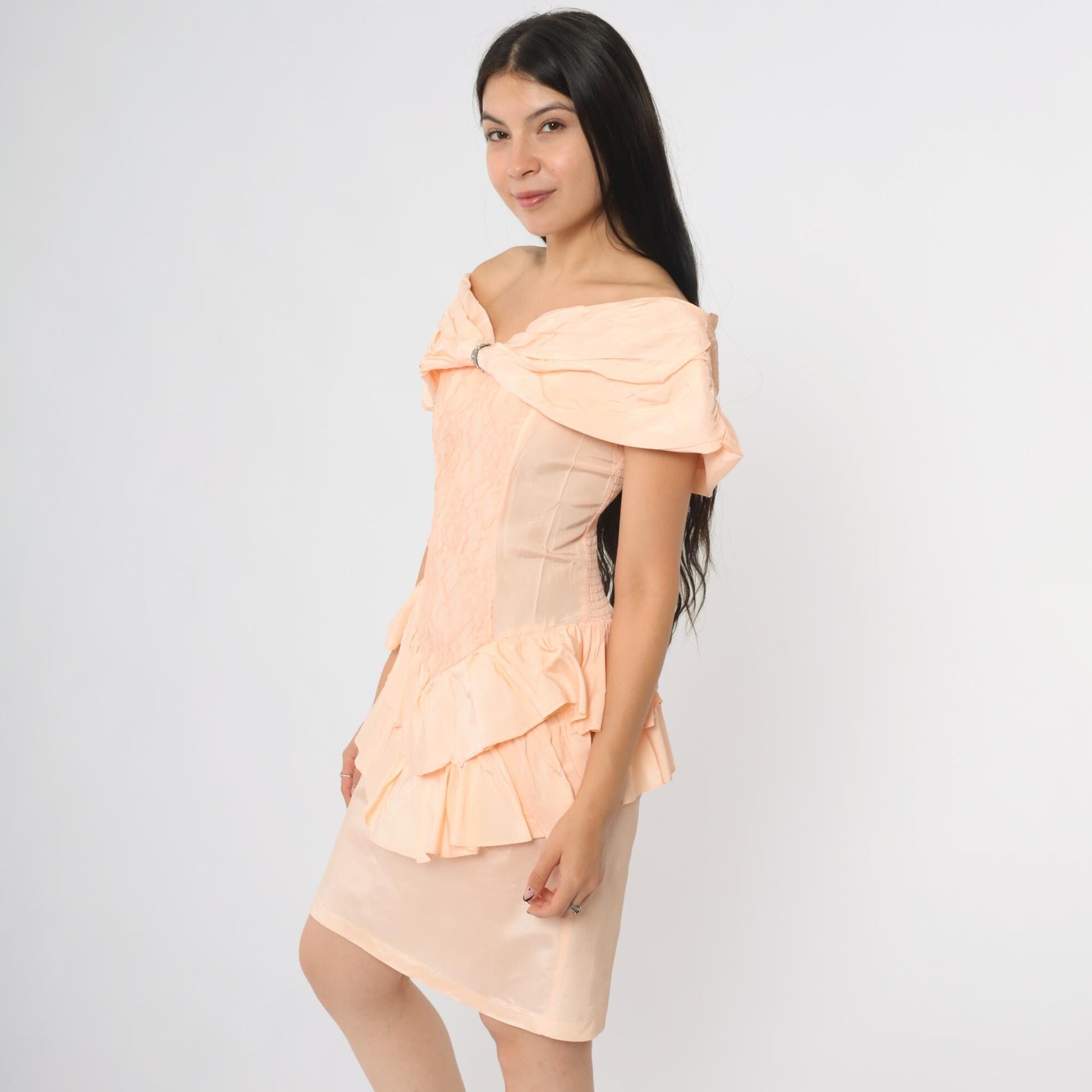 80s Peach Off-Shoulder Ruffle Peplum Dress Rhinestone Detail Small S