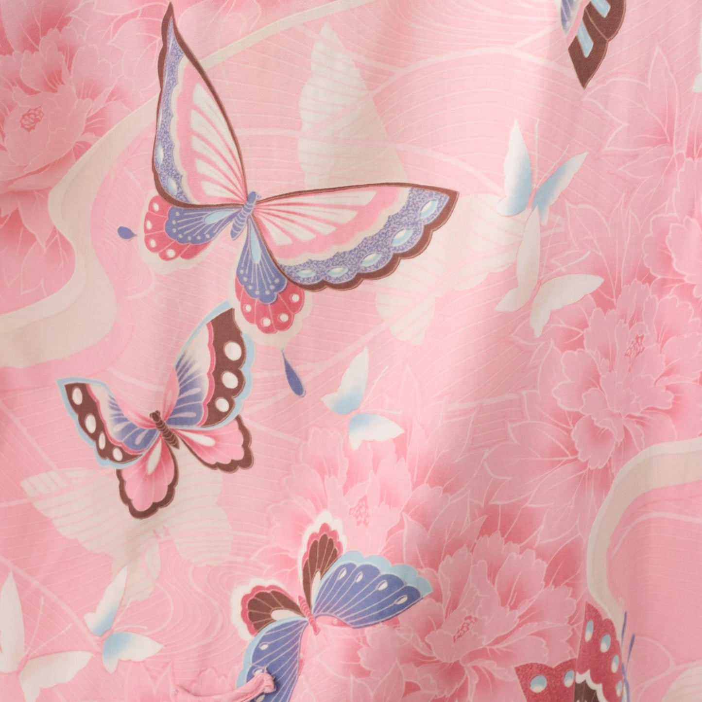 80s Pink Butterfly Peony Floral Cotton Kimono Robe Wrap Belt Tie Small