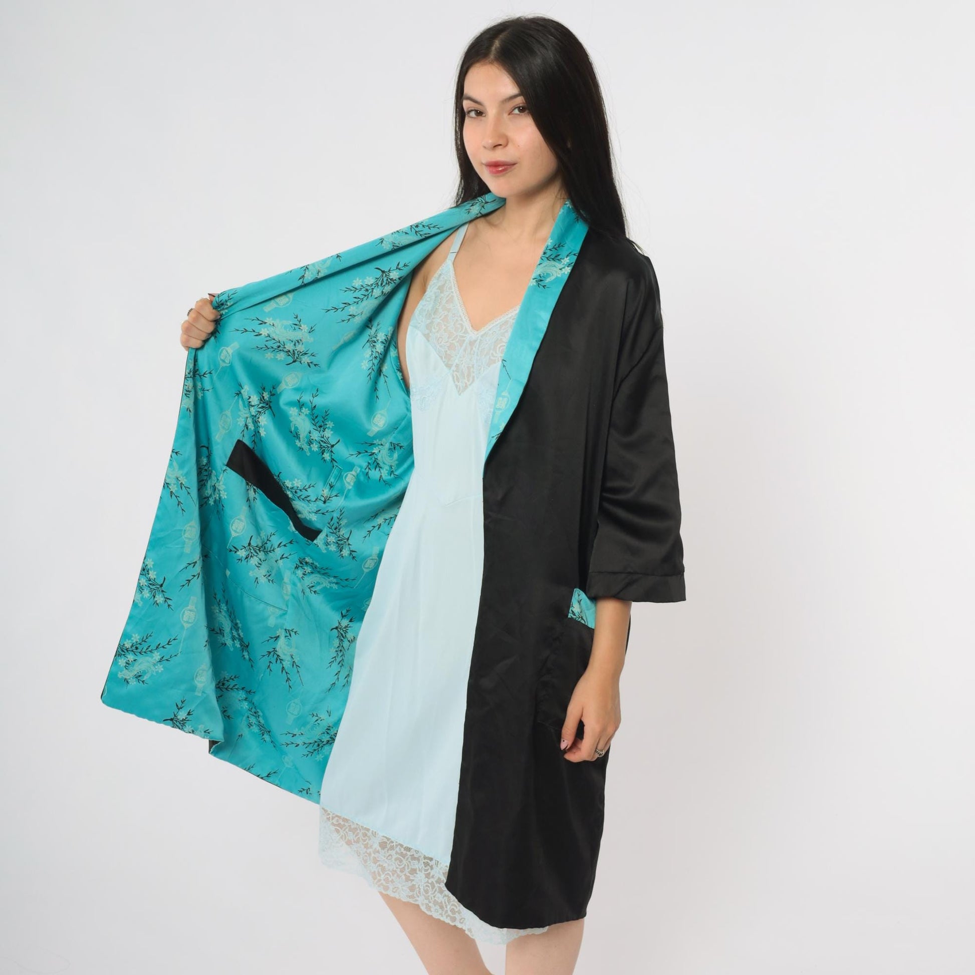 90s Dragon Reversible Satin Kimono Robe Black Turquoise Embroidered Small