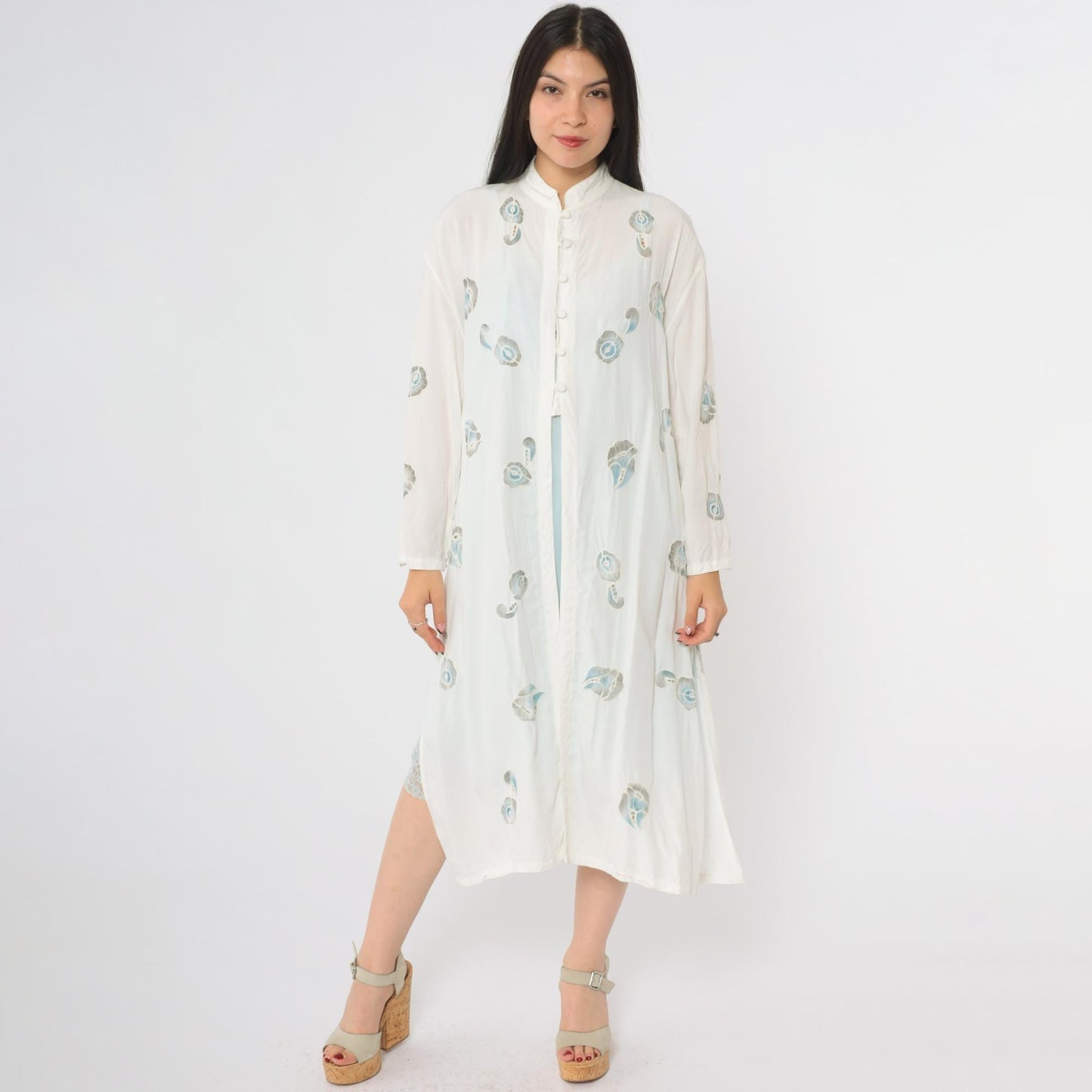 90s White Peacock Feather Kimono Cotton Midi Open Front Band Collar Medium Large