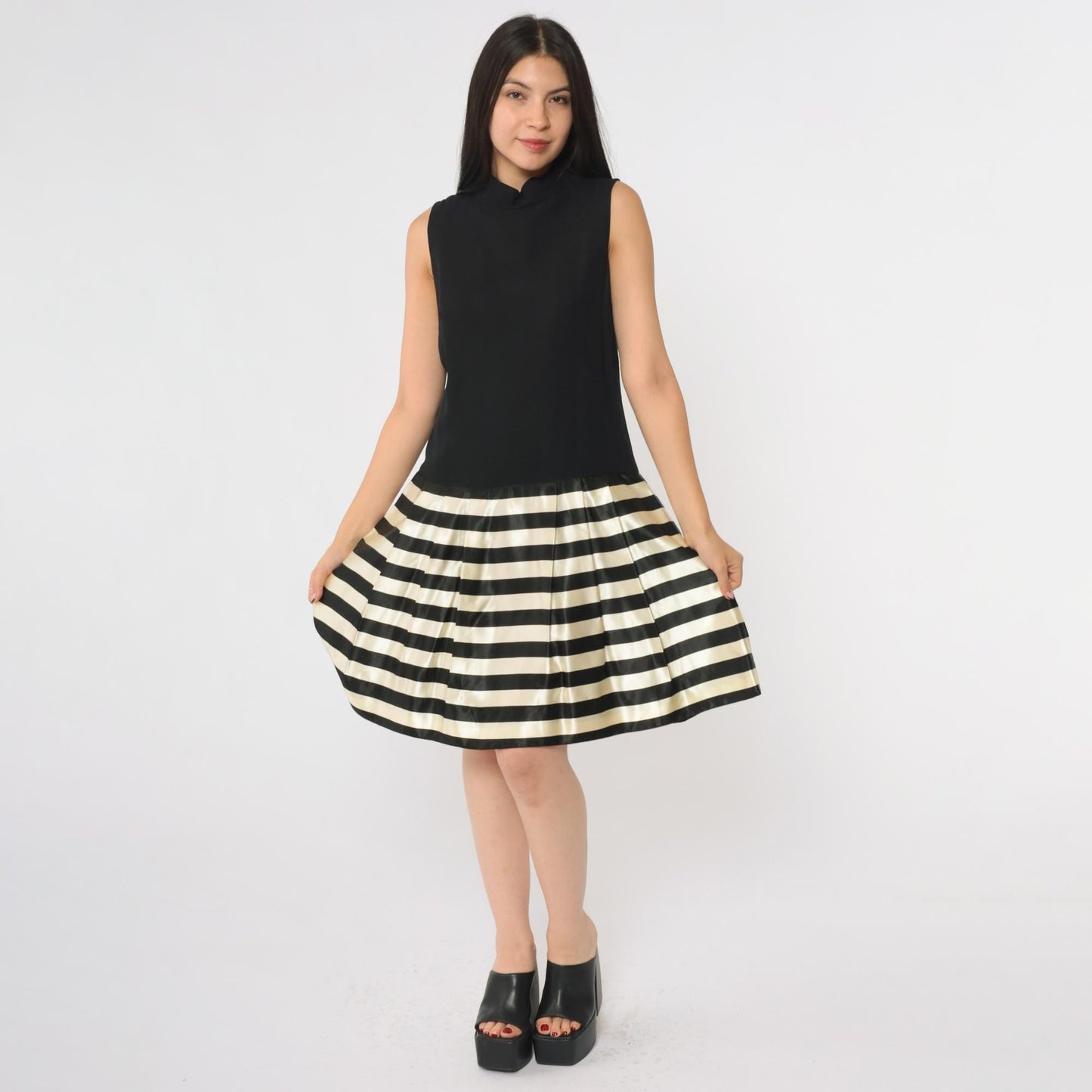 60s Black White Striped Mock Turtleneck Mini Dress Drop Waist A-Line Small