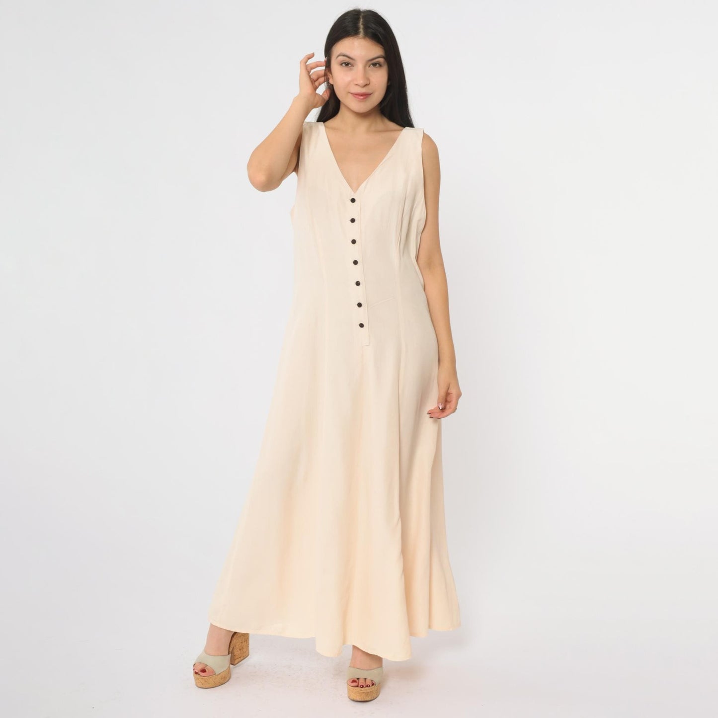 90s Cream Maxi Dress Button Front Deep V Neck Sleeveless Large L