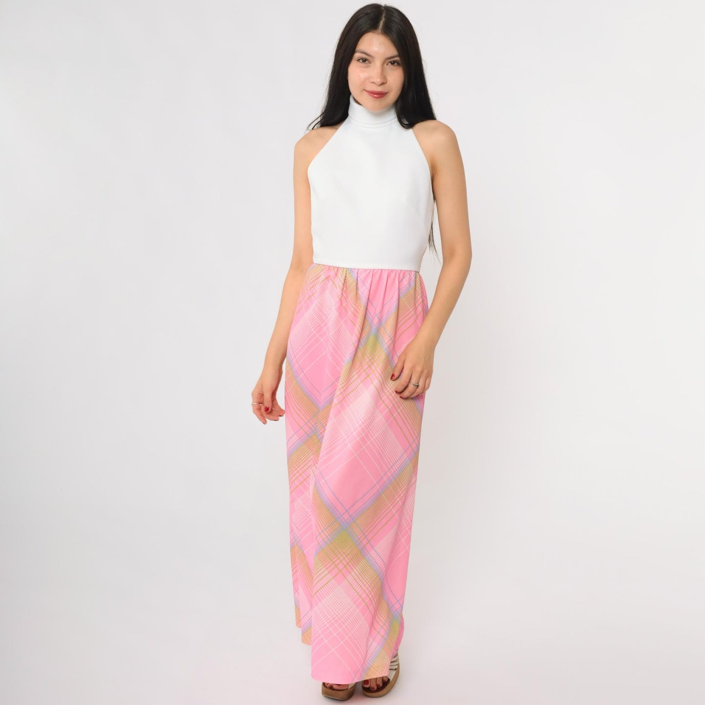 70s Colorblock Halter Maxi Dress Pink Plaid Turtleneck Open Back Small