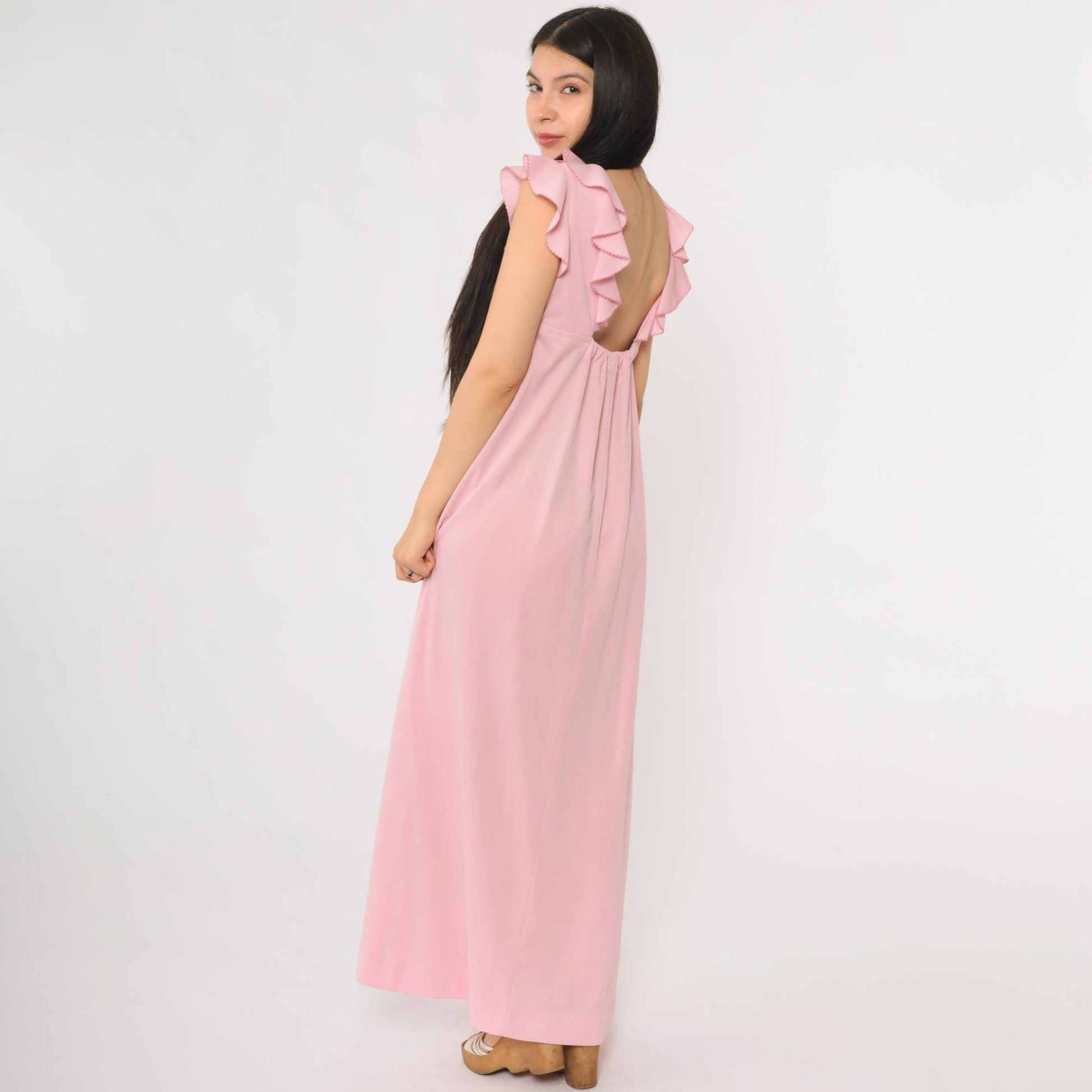 70s Pink Ruffle Maxi Dress Open Back Empire Waist Small