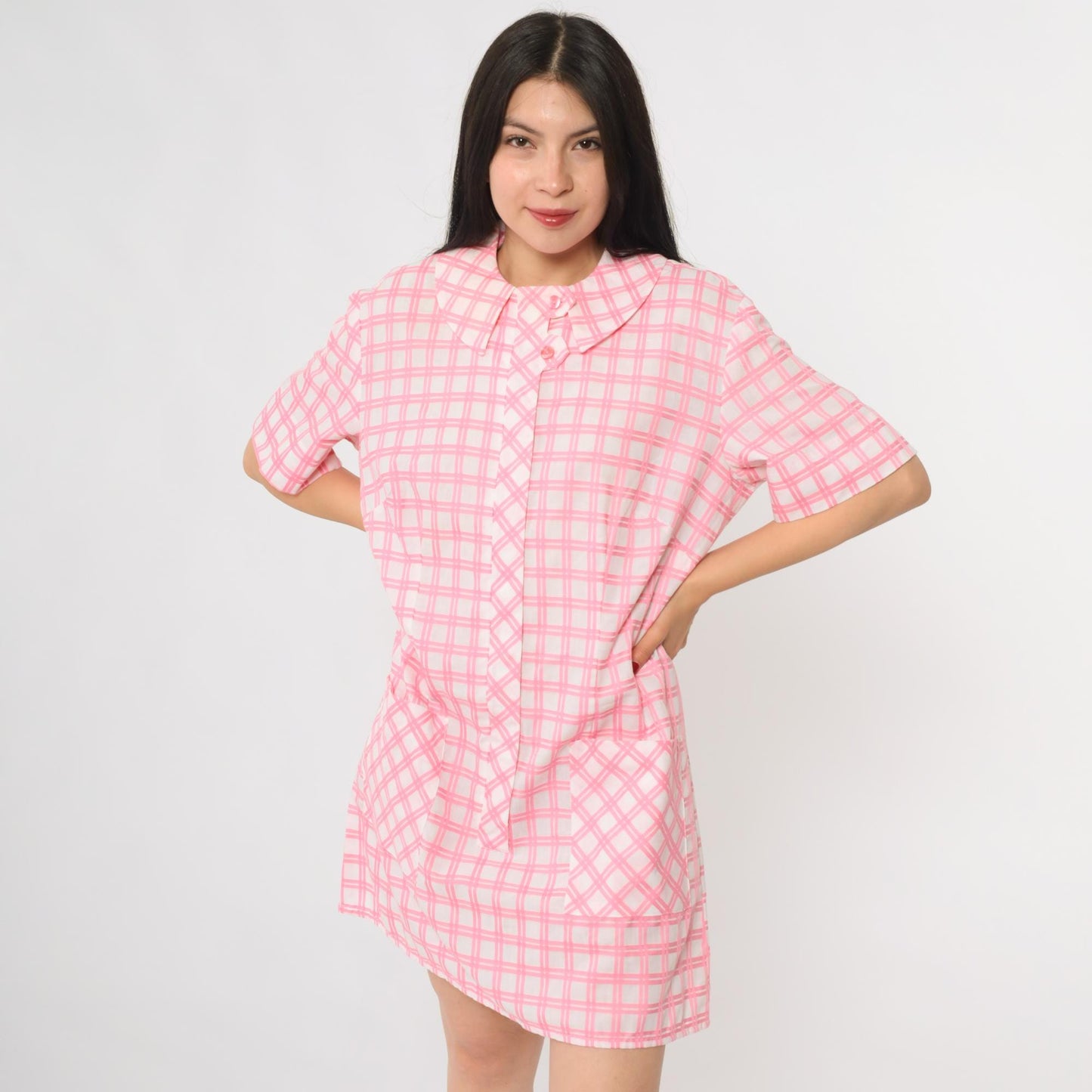 1960s Pink Plaid Shift Dress Peter Pan Collar Button Front Large L
