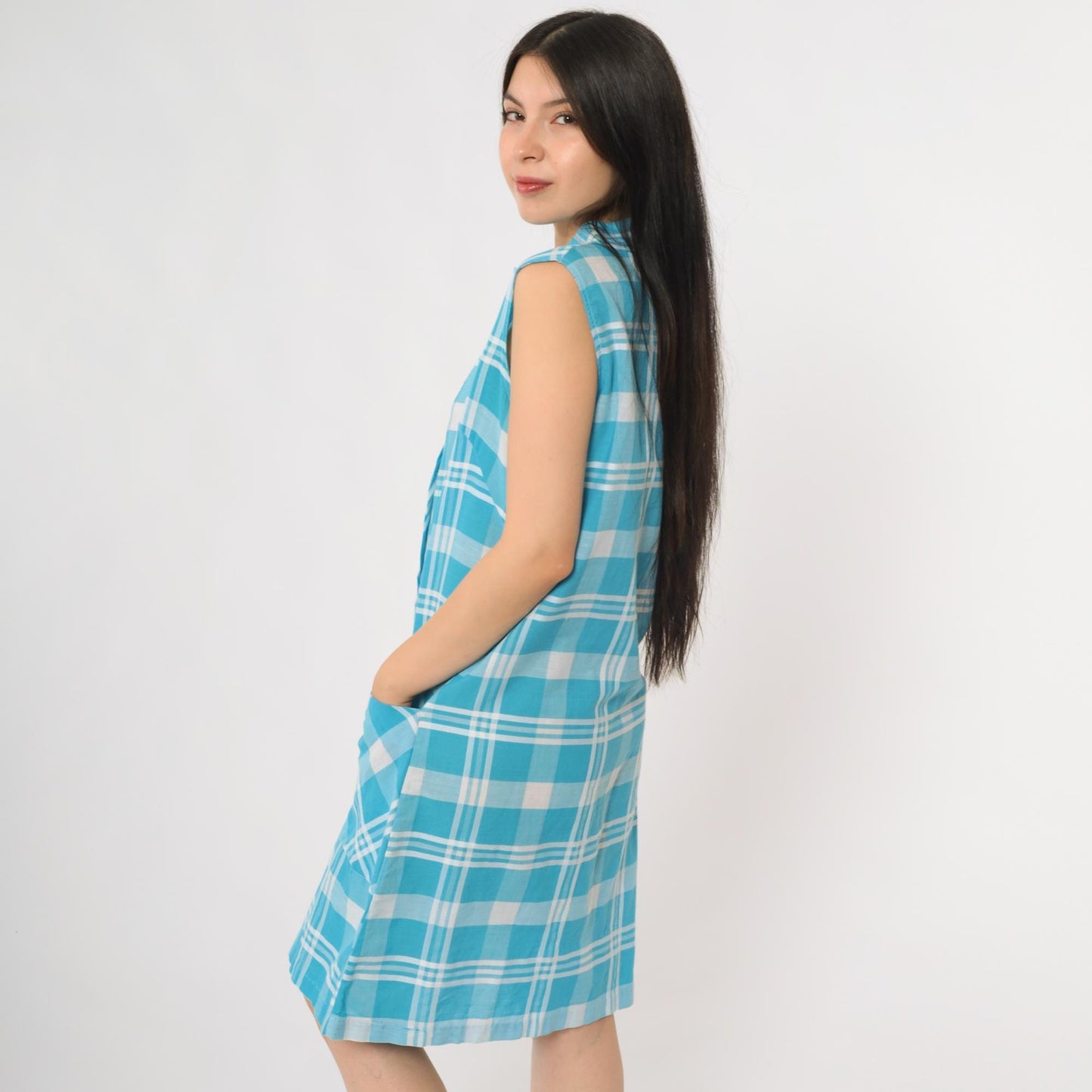 60s Carol Brent Plaid Shift Dress Aqua Blue White A-Line Large L