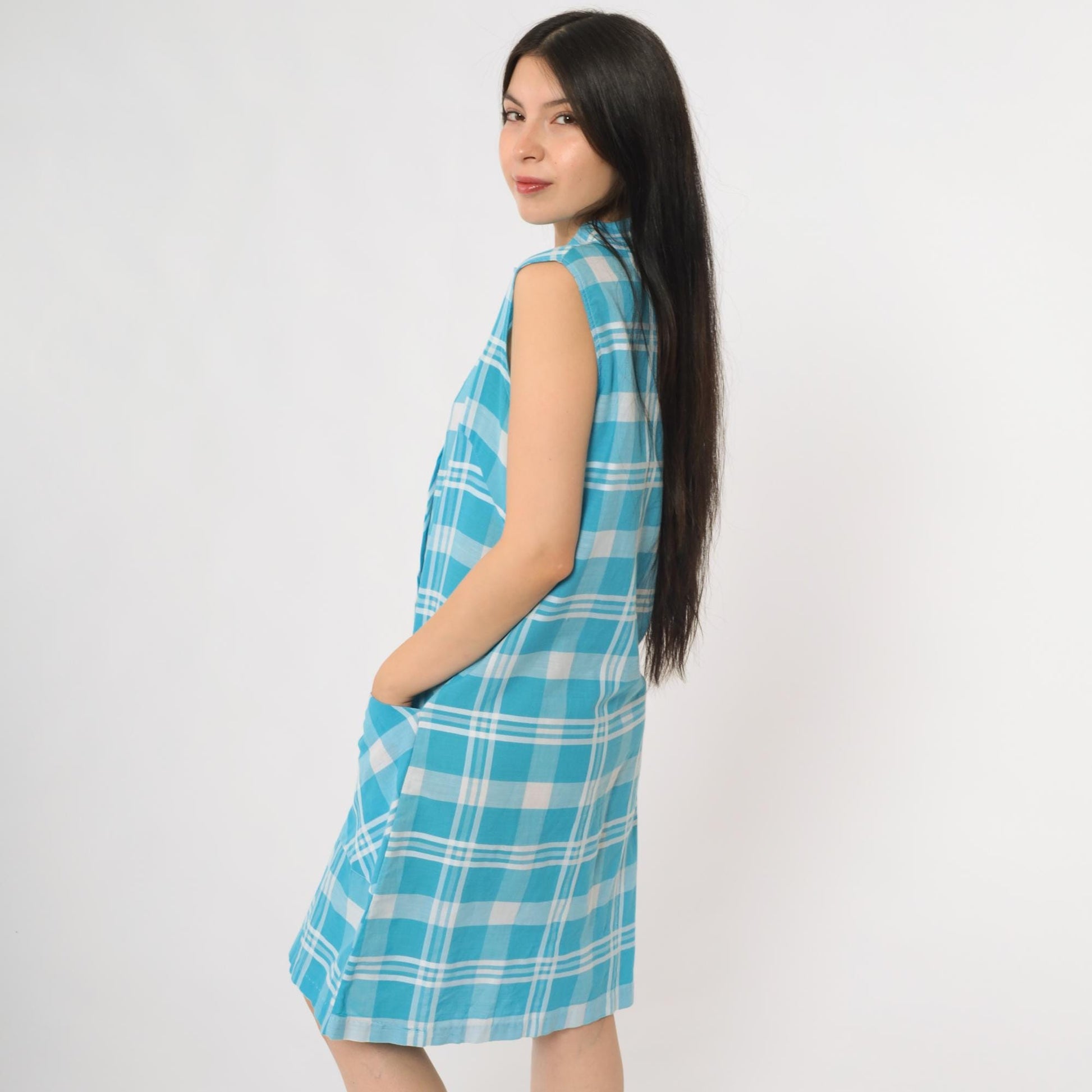 60s Carol Brent Plaid Shift Dress Aqua Blue White A-Line Large L