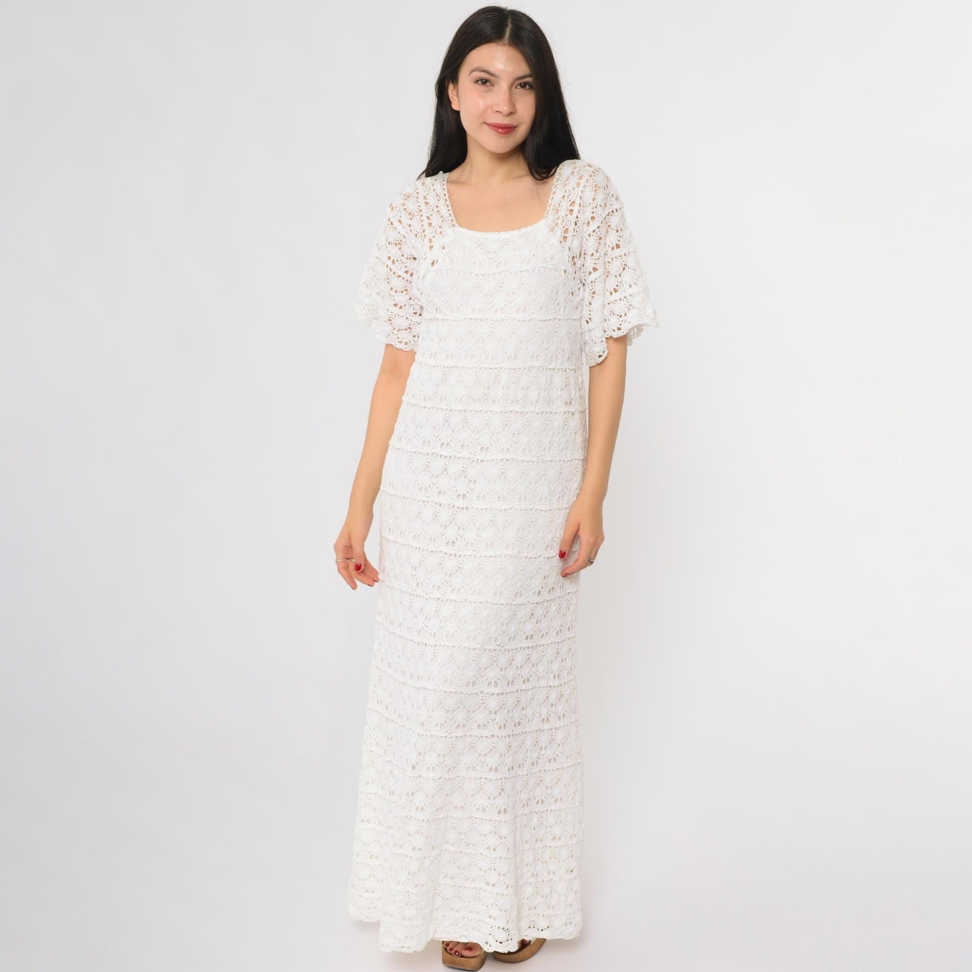 60s White Crochet Lace Maxi Dress Long Sleeve Scoop Neck Small XS