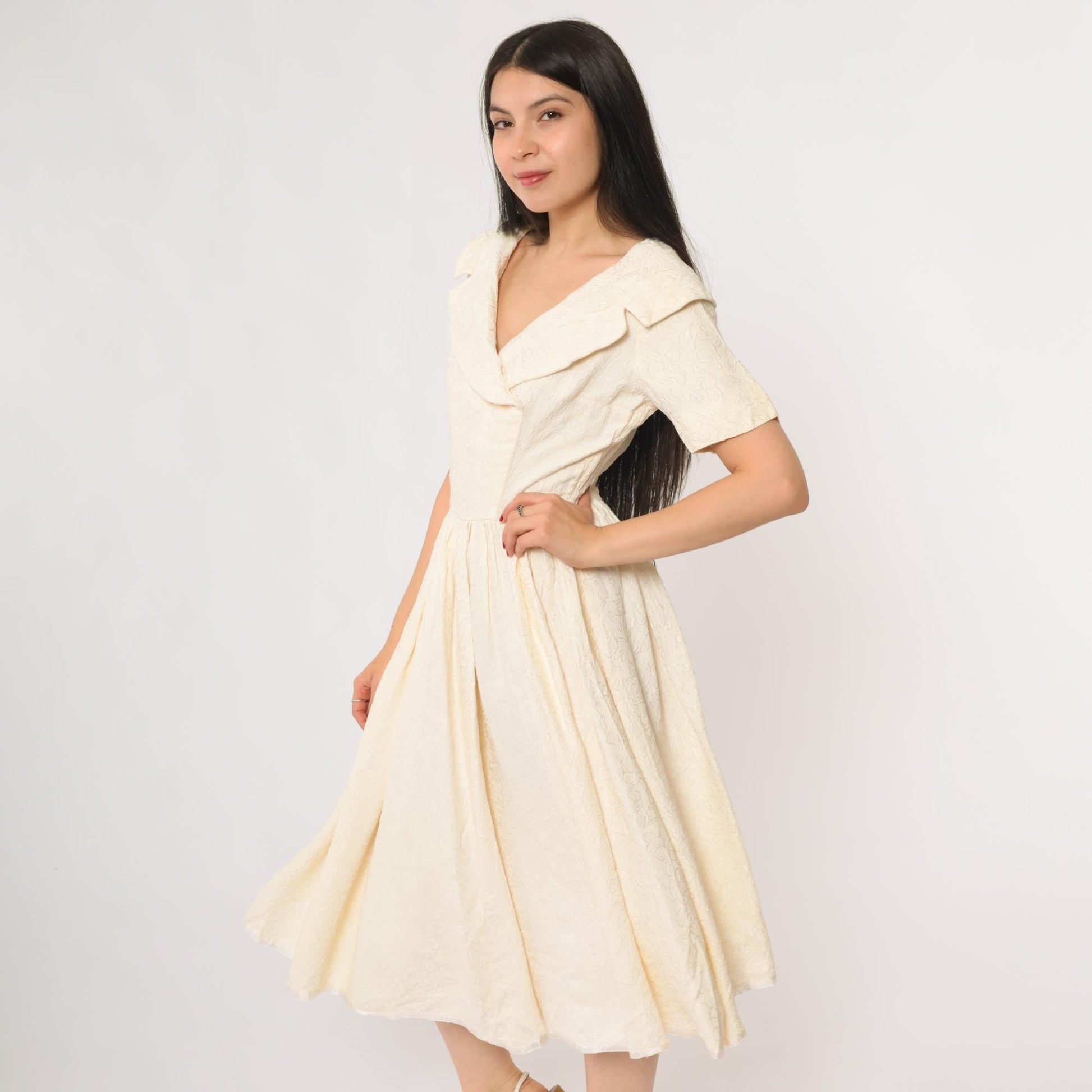 1950s Cream Sailor Collar Midi Dress Jacquard Small Medium