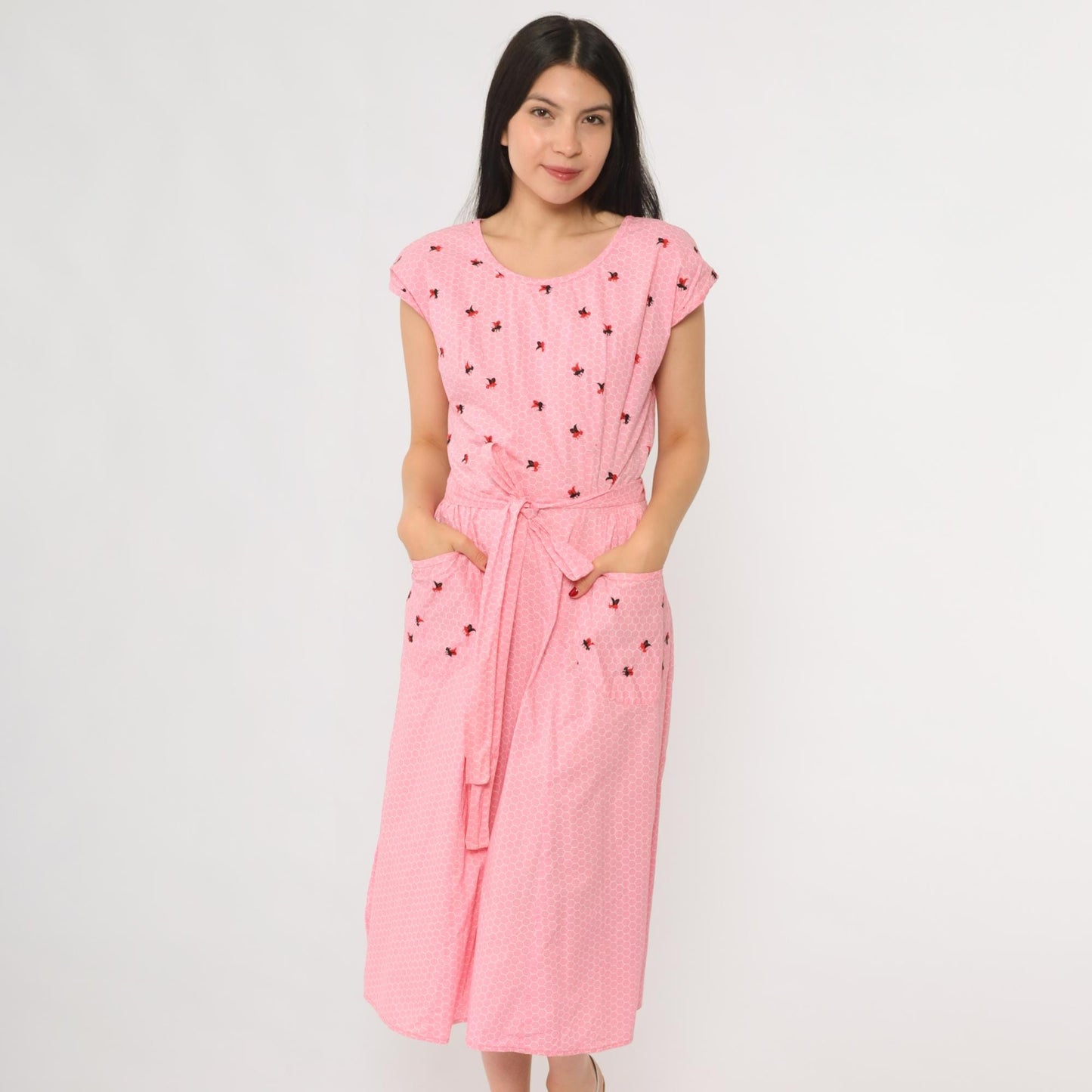 70s Bee Honeycomb Print Wrap Dress Pink Embroidered Cap Sleeve Midi Medium Large