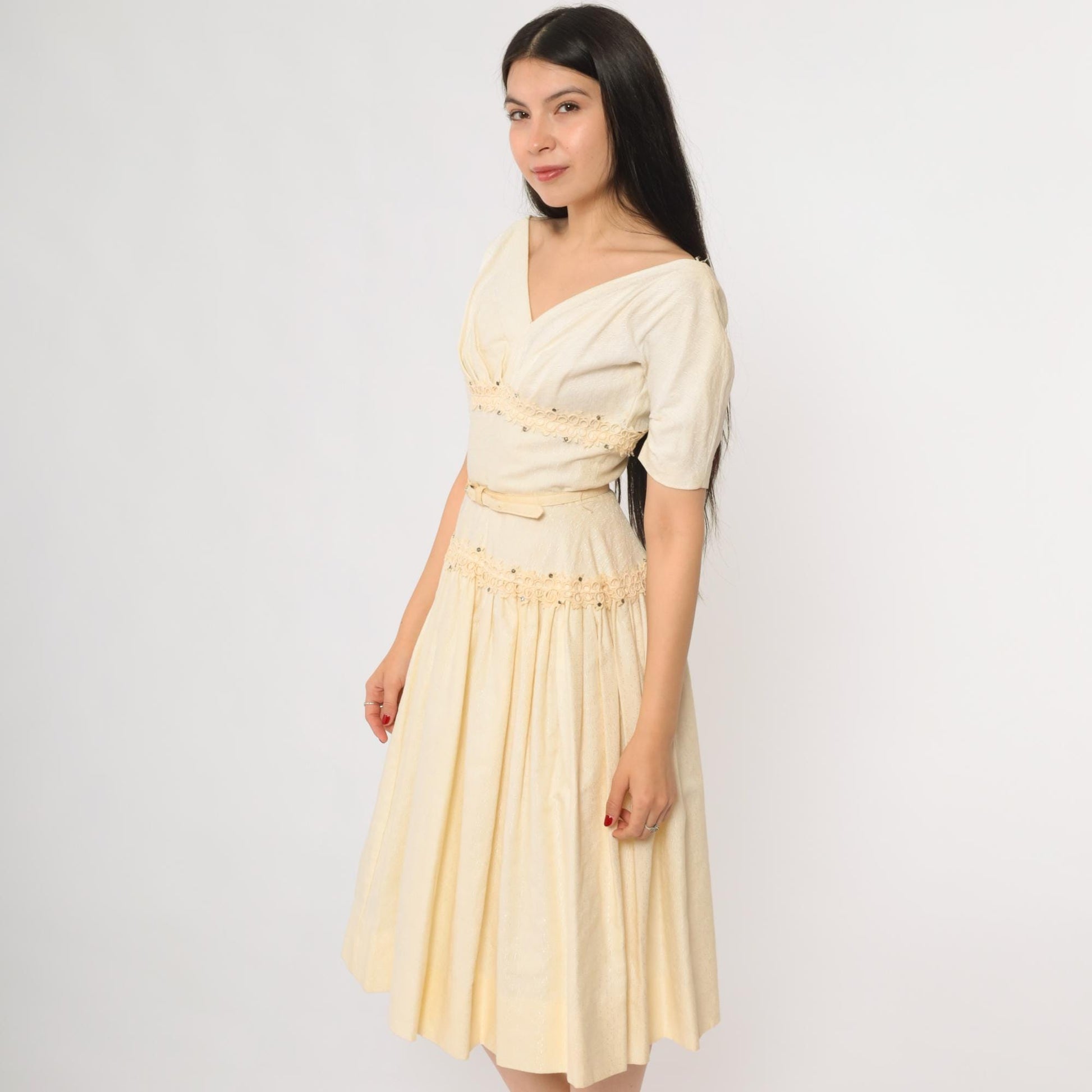 60s Ivory Cocktail Dress V Neck Beaded Belted Midi Fit Flare Extra Small