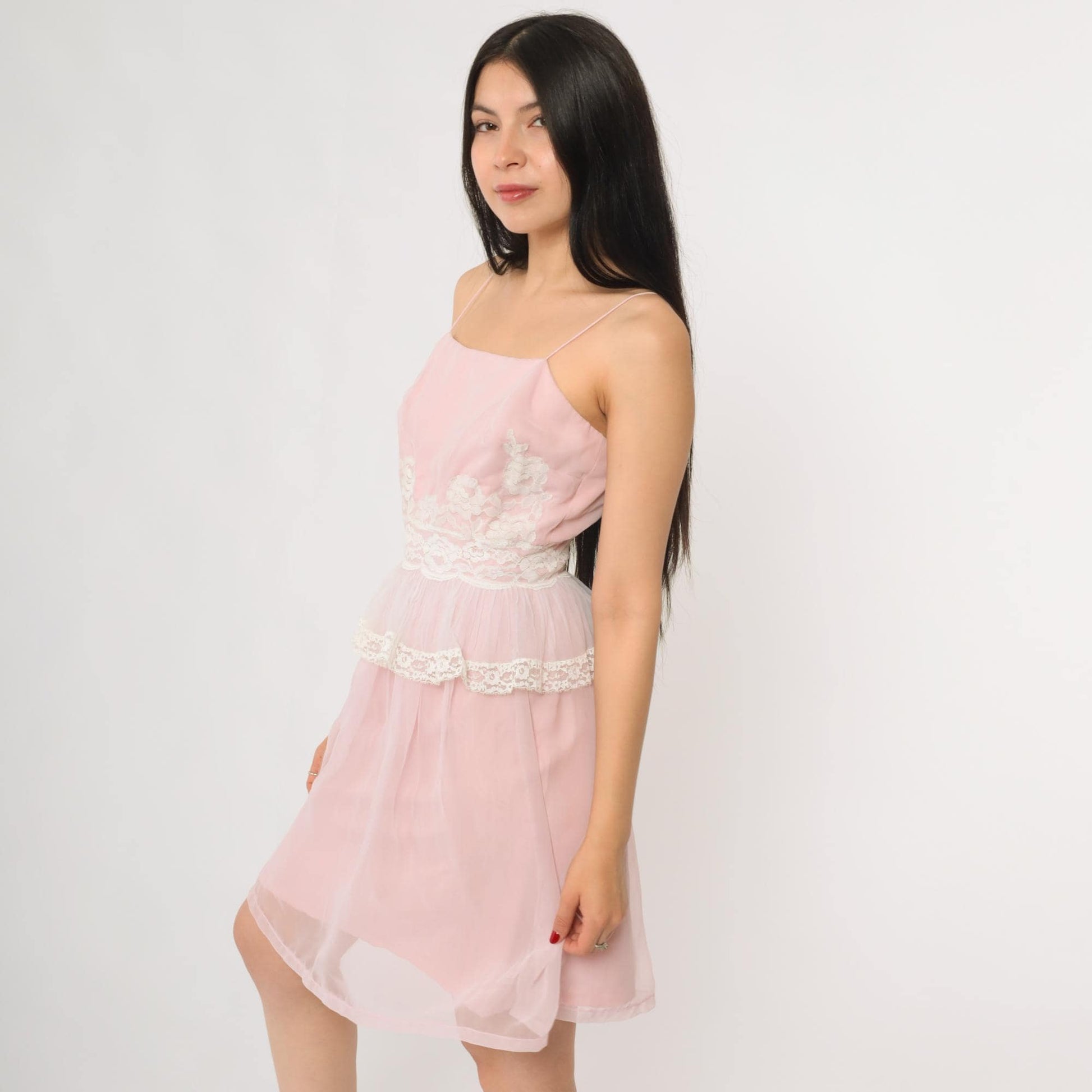 70s Miss Elliette California Pink Babydoll Mini Dress Lace Peplum Size 8