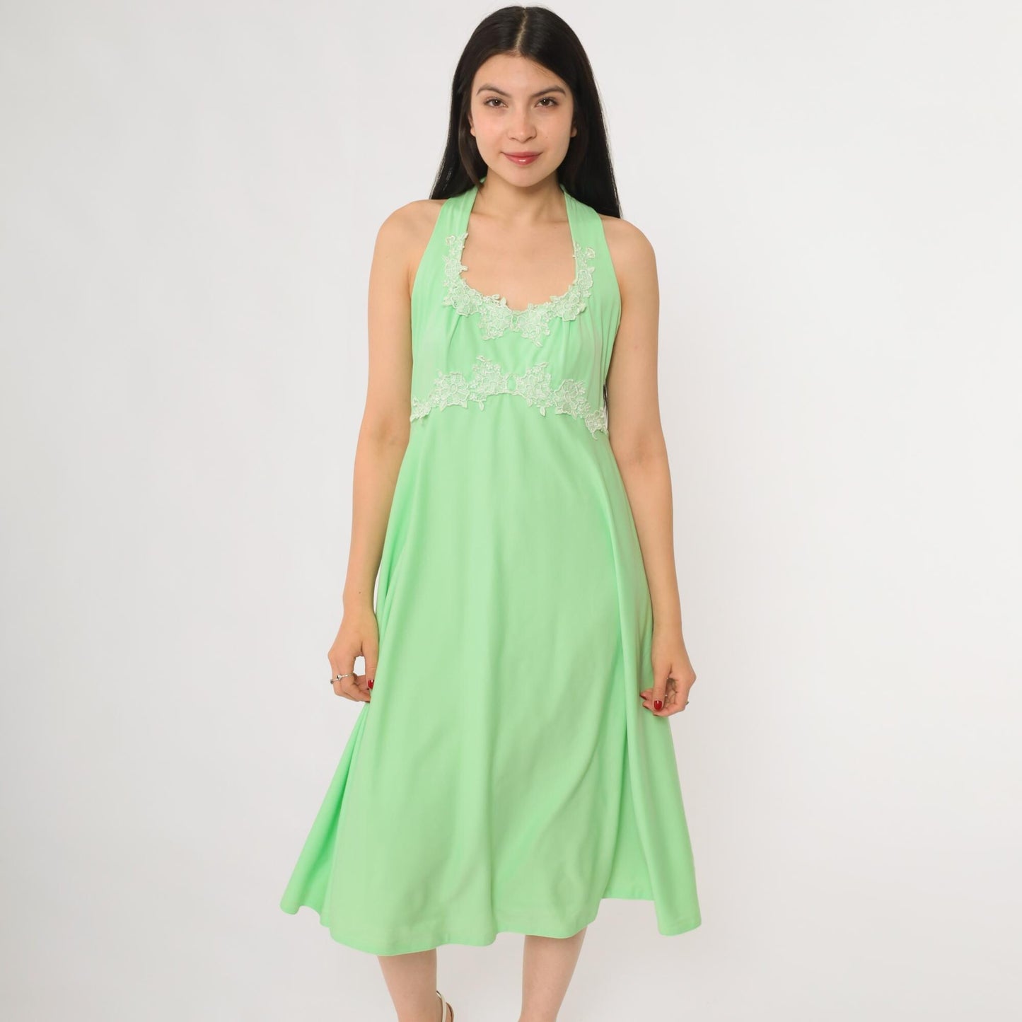 70s Green Halter Midi Dress Floral Lace Trim Sleeveless Summer Medium