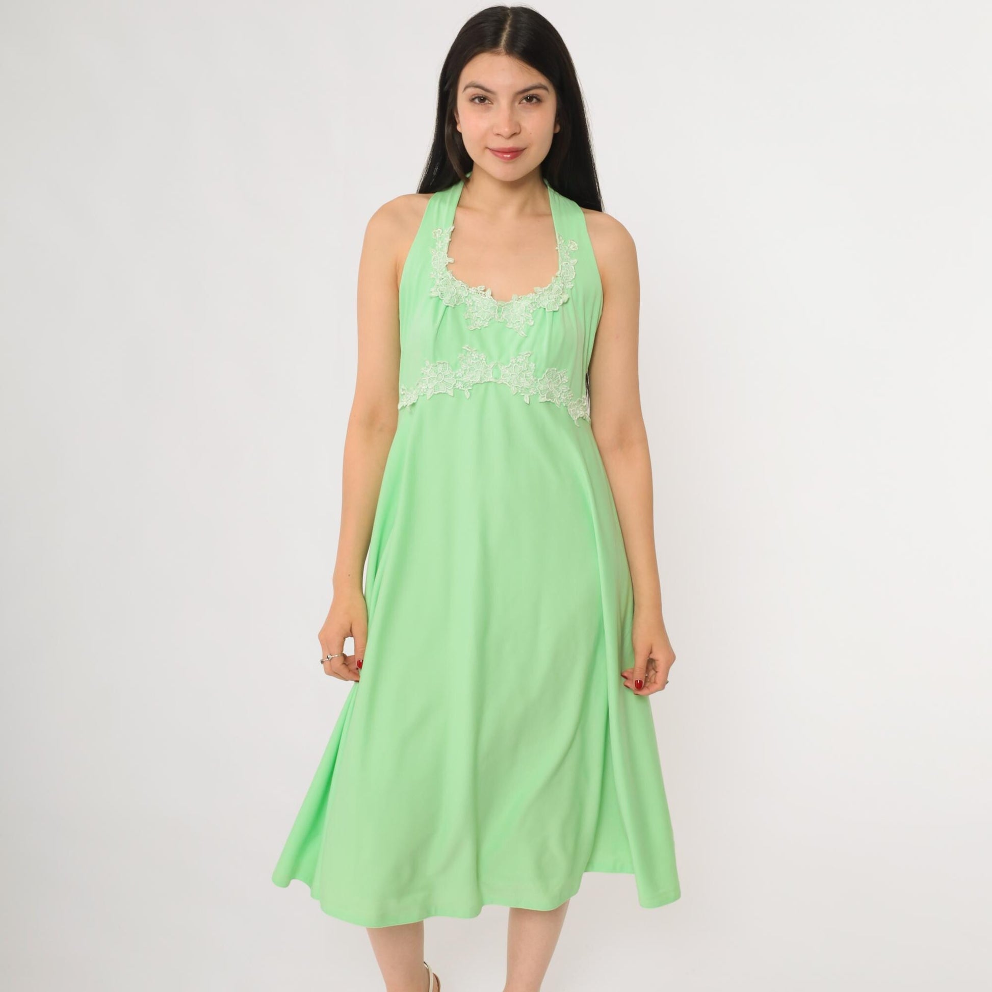 70s Green Halter Midi Dress Floral Lace Trim Sleeveless Summer Medium